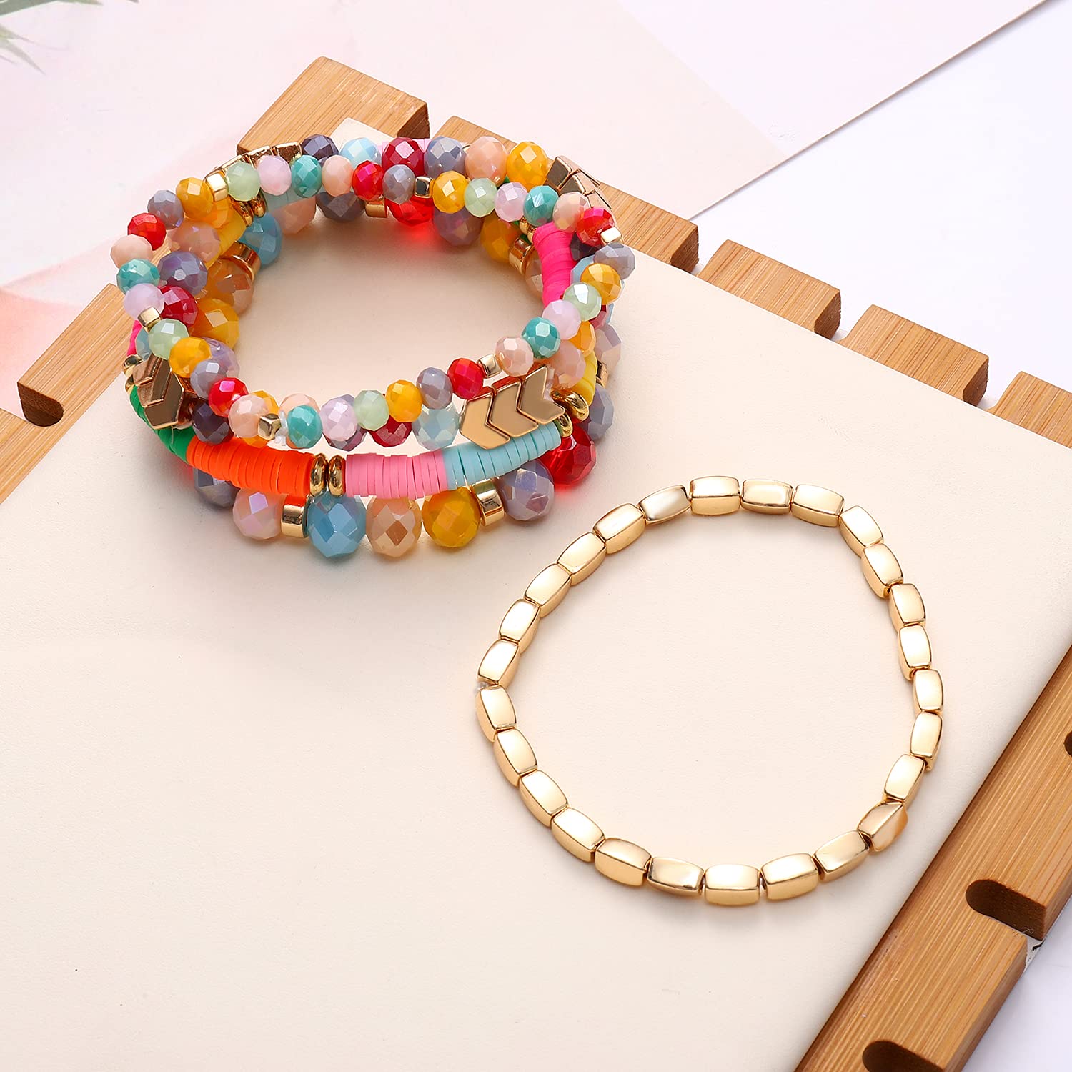 ANGLESJELL Beaded Stretch Bracelets for Women - Multilayered Colorful Crystal Heishi Bead Boho Bracelet Set | Stackable Summer Beach Jewelry | Perfect for Surfer Gifts, Boho Fashion & Festival Accessories