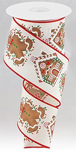 Festive Gingerbread Man & House Wired Edge Ribbon - 10 Yards Cream Decorative Ribbon for Christmas Tree, Gift Wrapping & Holiday Crafts (2.5 Inch Width)