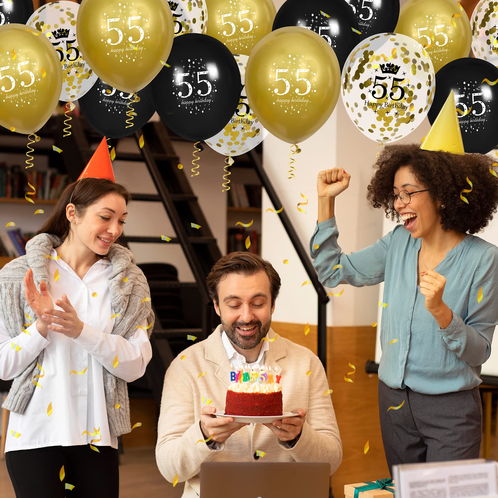 55th Birthday Balloons for Men & Women - 15 Pcs Black Gold Happy Birthday Party Decorations - Perfect for 55th Birthday Celebrations, Anniversaries, and Retirement Parties