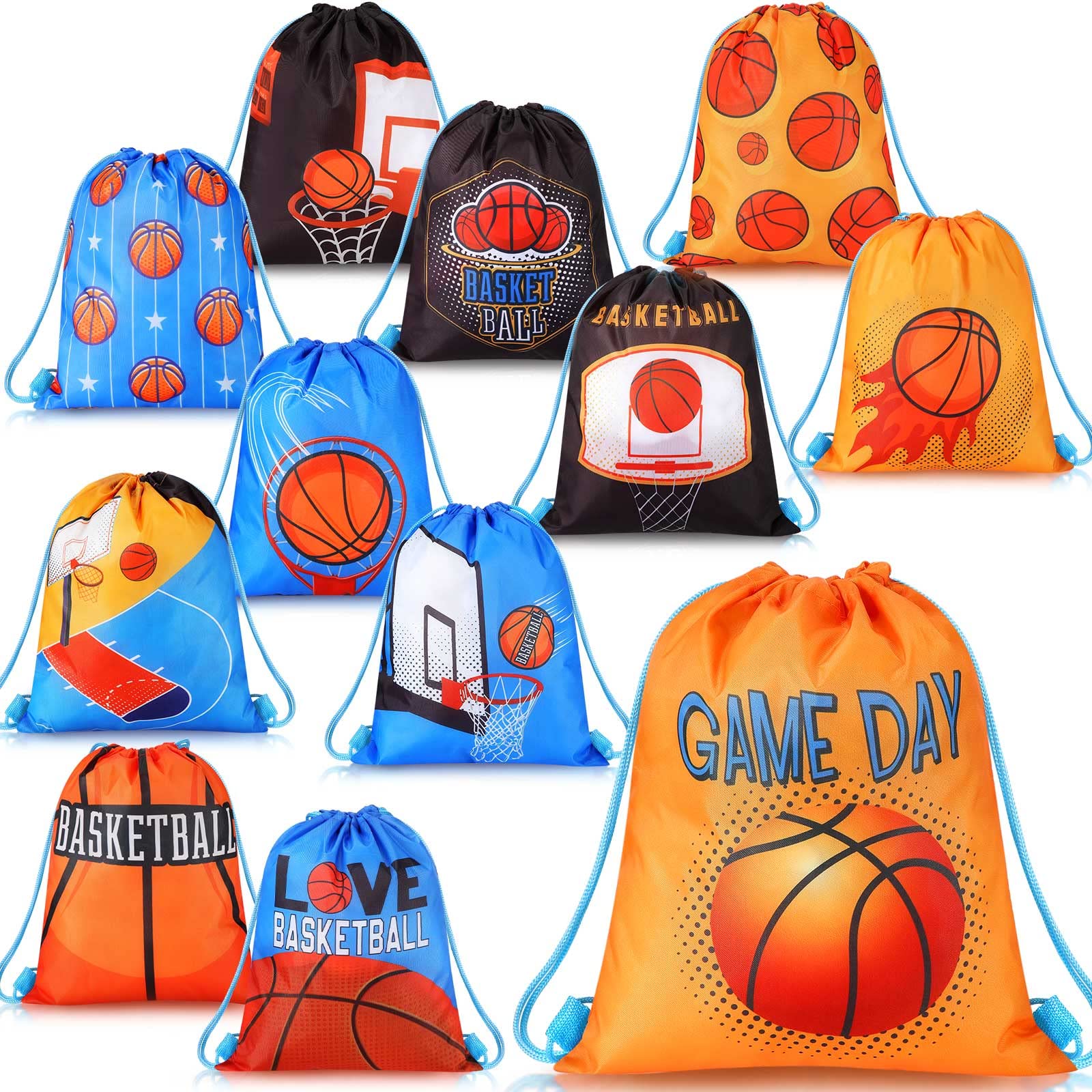 12 Pack Basketball Party Favor Bags - Sports Themed Drawstring Gift Bags for Birthday Parties, Team Events & Gym Workouts - Durable Backpack Candy Bags for Kids & Adults - Perfect for Basketball Gifts, Travel & Sports Supplies