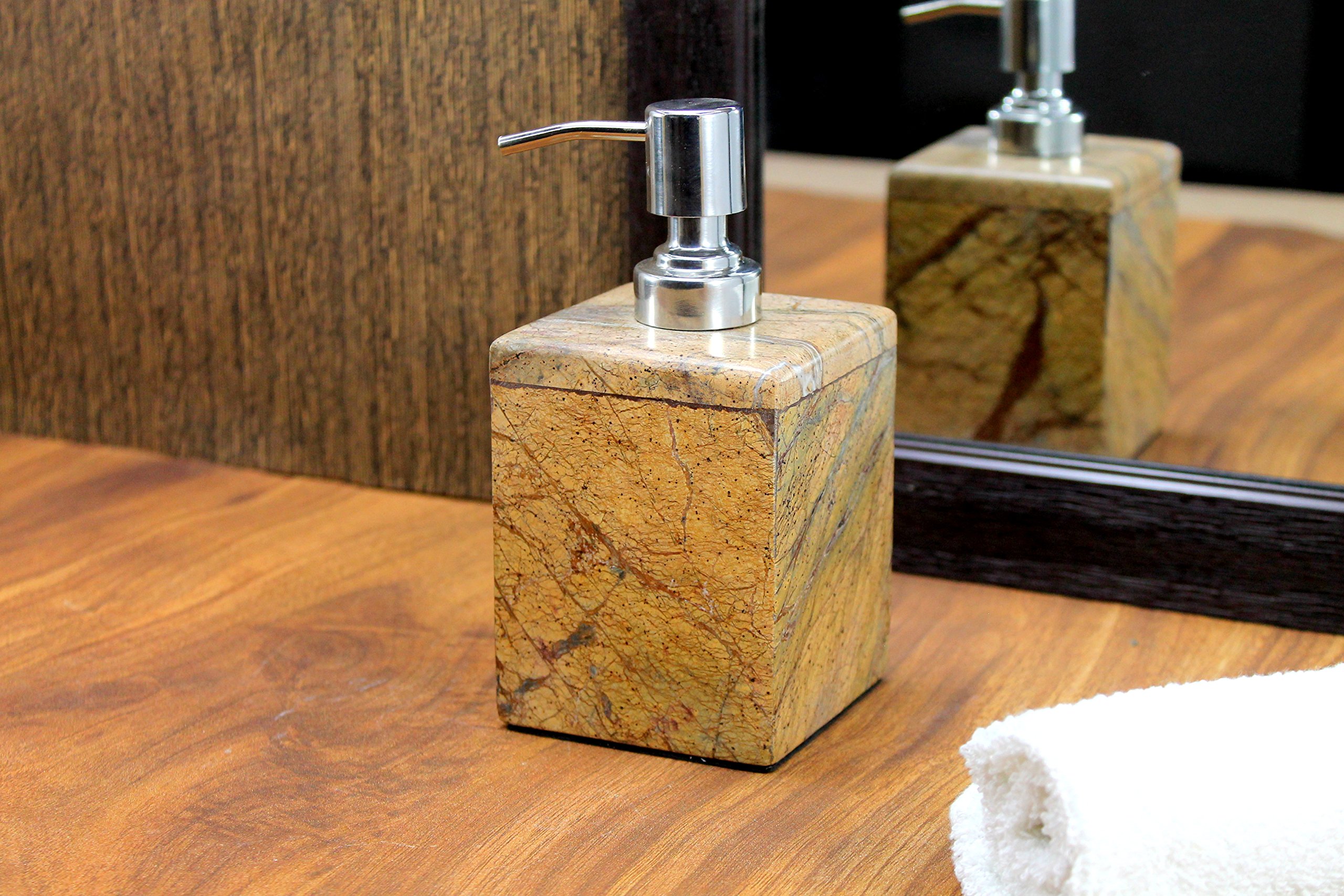 Natural Stone Soap Dispenser & Lotion Dispenser - Brown, Green, Black, White Bathroom Accessories Set (Square Brown) for Spa, Luxury Bathroom & Home Decor