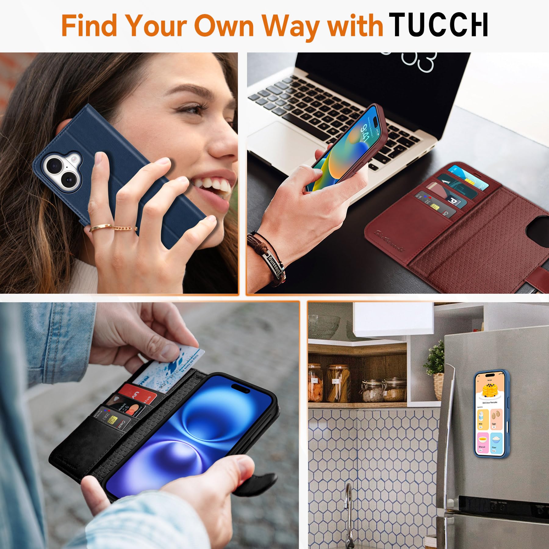 Premium TUCCH 2-in-1 Magnetic Wallet Case for iPhone 16 - Detachable PU Leather Folio with Wireless Charging, RFID Blocking & 4 Card Slots (Rose Gold) | Perfect for Work, Travel & Everyday Protection