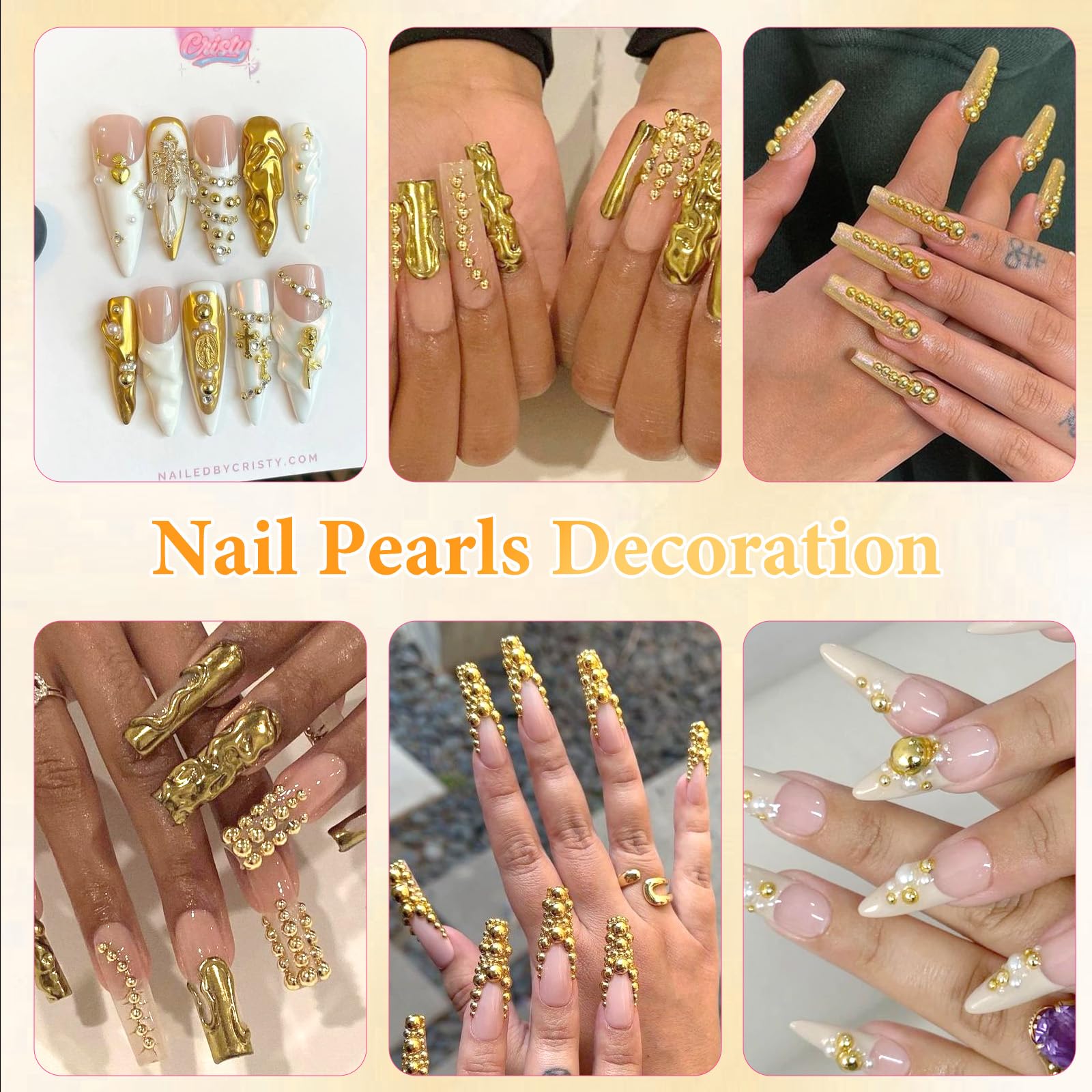 Flatback Half Round Gold Pearl Beads for Nails - 6 Sizes ABS Gold Pearls for DIY Crafts, Nail Art, Embellishing Shoes, Clothes & Bags | Perfect for Jewelry Making, Wedding Decor & Home Craft Projects