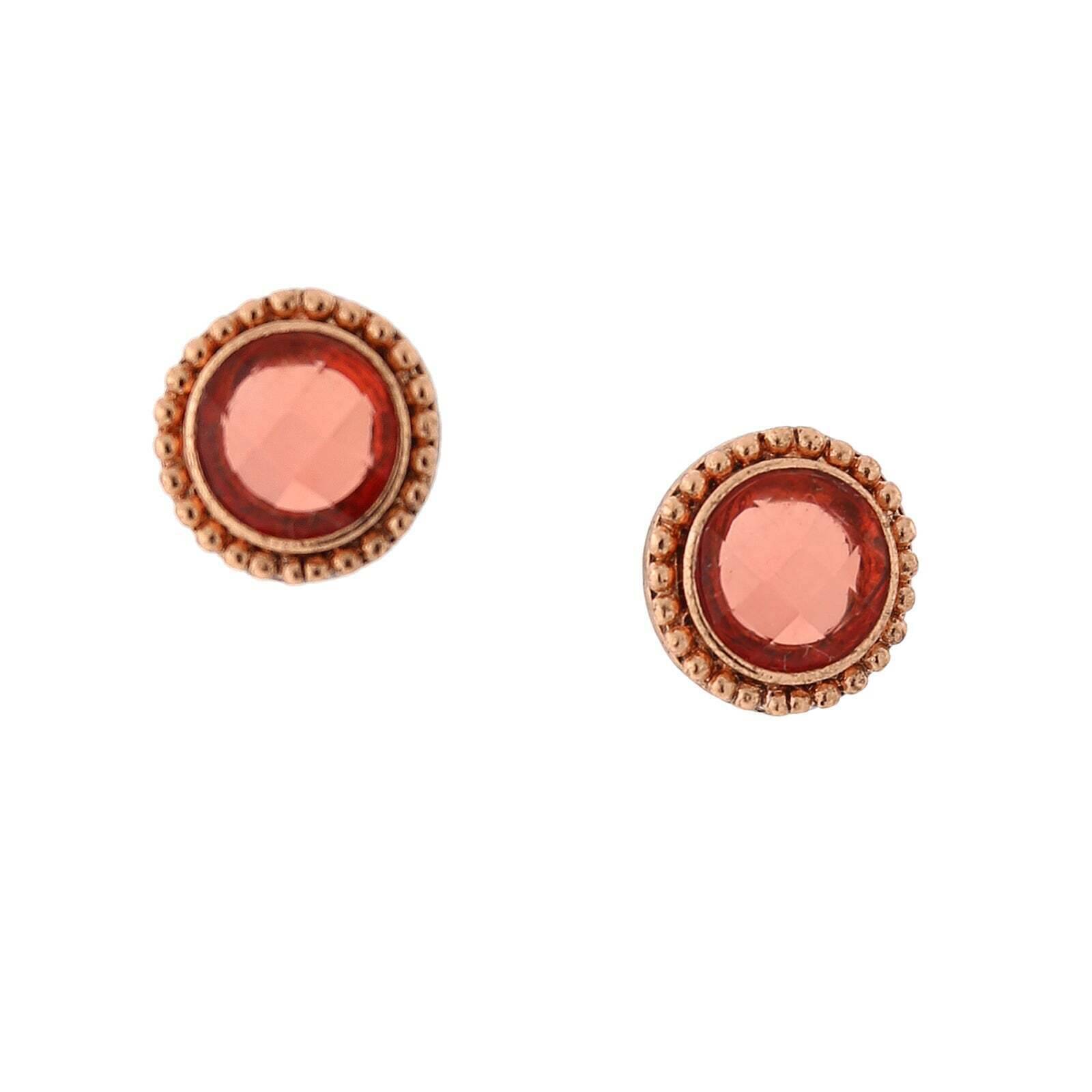 Vintage 1928 Jewelry Copper Tone Round Padparadscha Stone Button Earrings for Women - Elegant Boho Style Accessories for Parties, Weddings & Everyday Wear