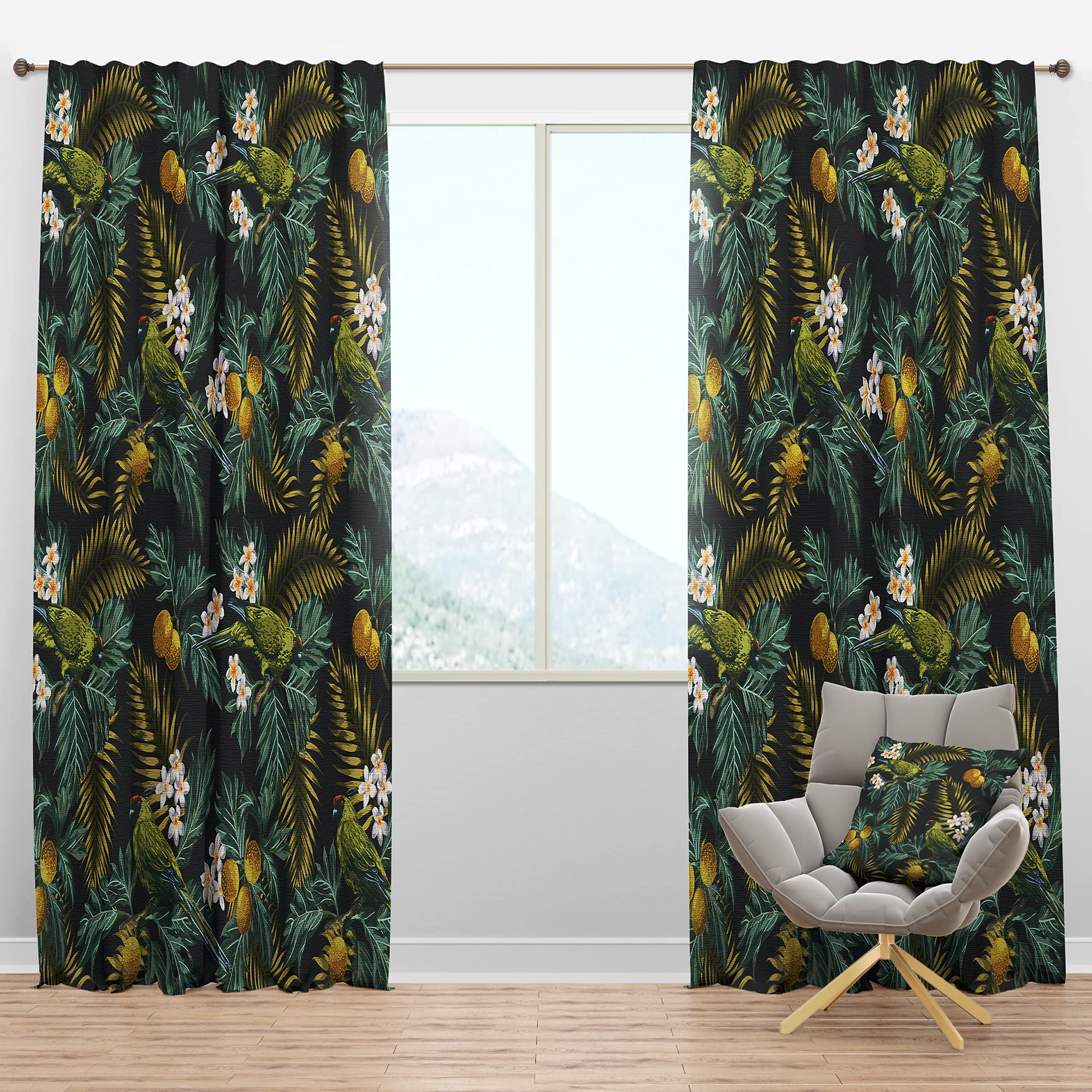 DesignQ Blackout Curtains - Tropical Leaves with Lemons & Green Bird Print - Thermal Insulated Room Darkening Drapes for Bedroom & Living Room - Single Panel 52x95 Inches - Perfect for Nursery, Home Theater & Light Sleepers