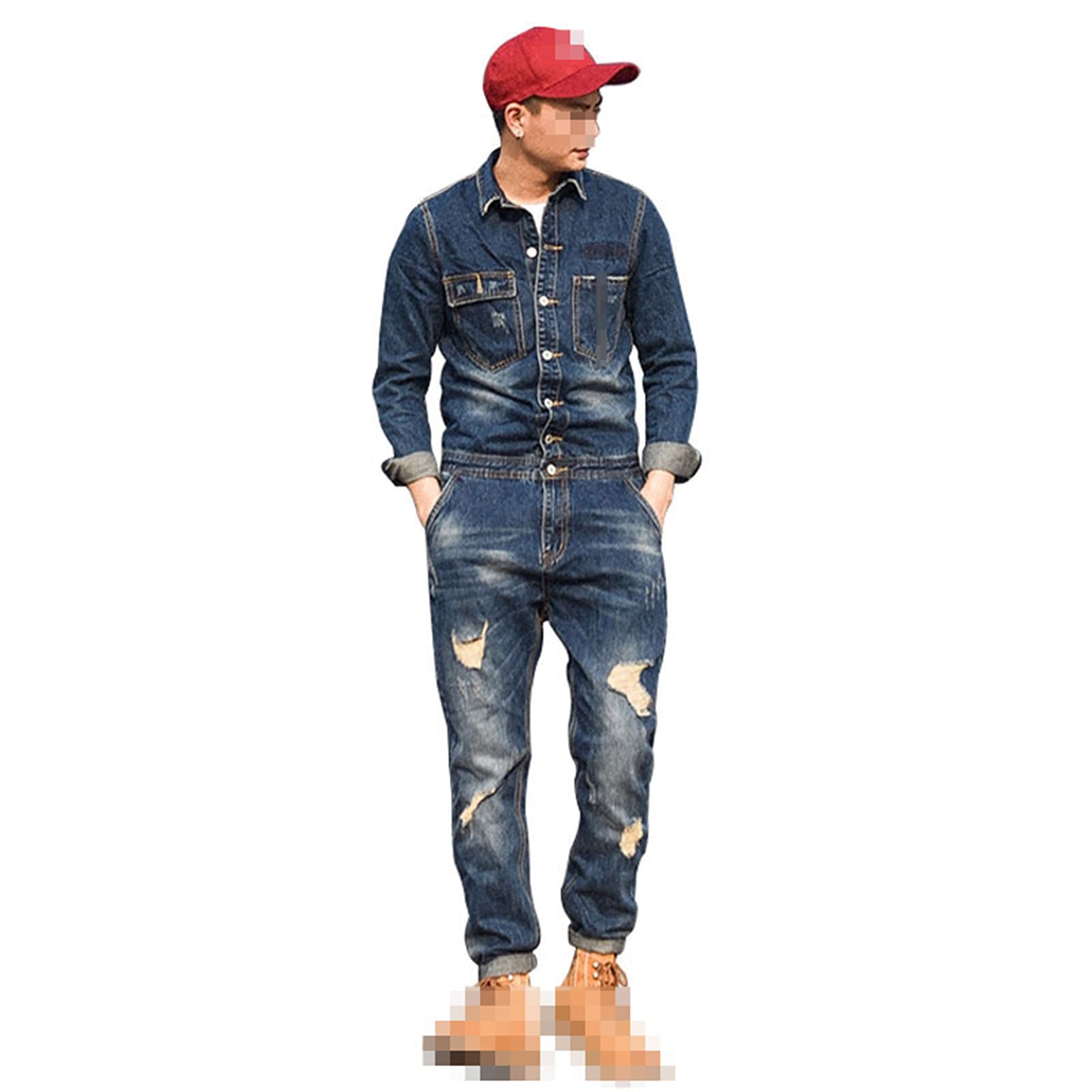 Men's Tealun Spring Denim Bib Overalls - Long Sleeve Ripped Jeans Jumpsuit with Cargo Pockets | Fashionable Tapered Casual Trousers for Workwear, Outdoor Activities & Street Style