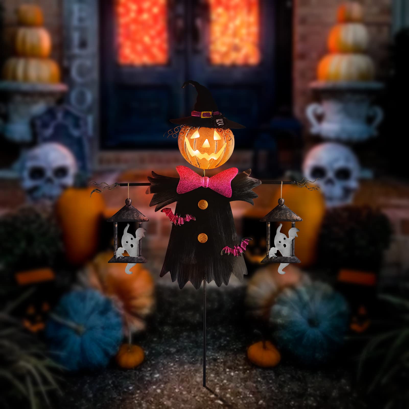 Solar-Powered Scarecrow Jack O' Lantern Halloween Decor - Metal Iron Outdoor Yard Stake Light for Garden, Farmhouse, Patio - Weatherproof Pathway Lighting for Spooky Halloween Nights