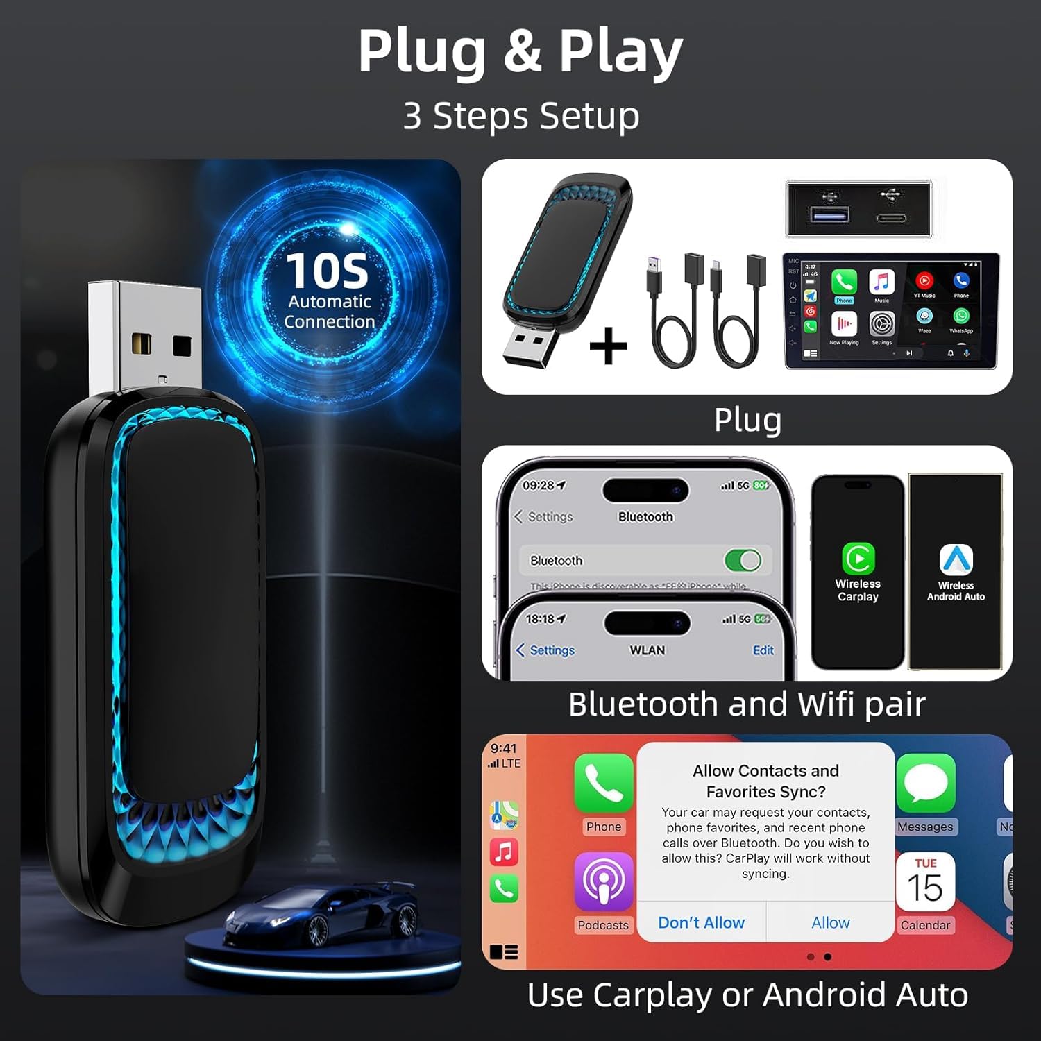 Quanlex Wireless CarPlay Adapter & Android Auto Wireless Adapter 2024 - 7-Color Ambient Light, Fast Connection for iOS 10+/Android 11+ (iPhone/Android Phones) - Perfect for Commuting, Road Trips & Hands-Free Driving