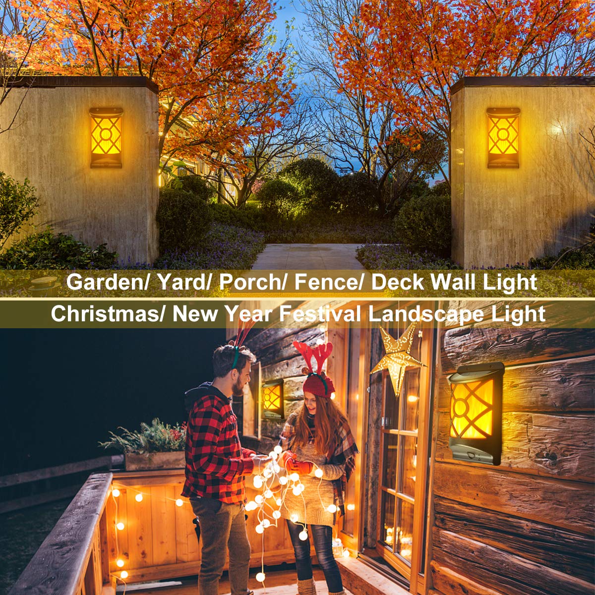 Solar Flame Lights Outdoor - 66 LED Flickering Fire Effect Solar Wall Light, Auto On/Off Waterproof Landscape Lighting for Fence, Patio, Deck, Garden - Perfect for Halloween, Christmas & Backyard Decor