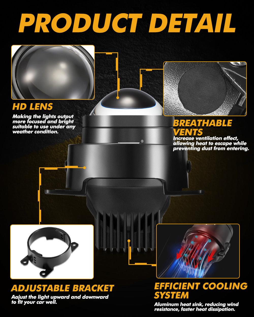 2.5 Inch 80W Bi-LED Projector Fog Lights 6000K White HD Lens - Compatible with Toyota & Honda (2-Piece Set) - Perfect for Off-Roading, Night Driving & Foggy Conditions