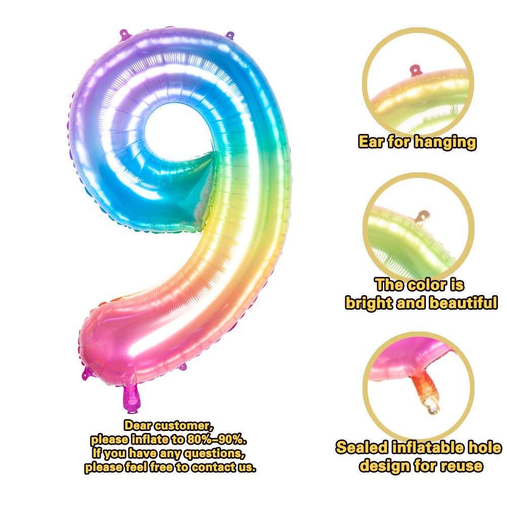 40 Inch Jelly Rainbow Number 9 Foil Balloon - Helium Mylar Birthday Party Decorations for Anniversary, Baby Shower & Gender Reveal Celebrations