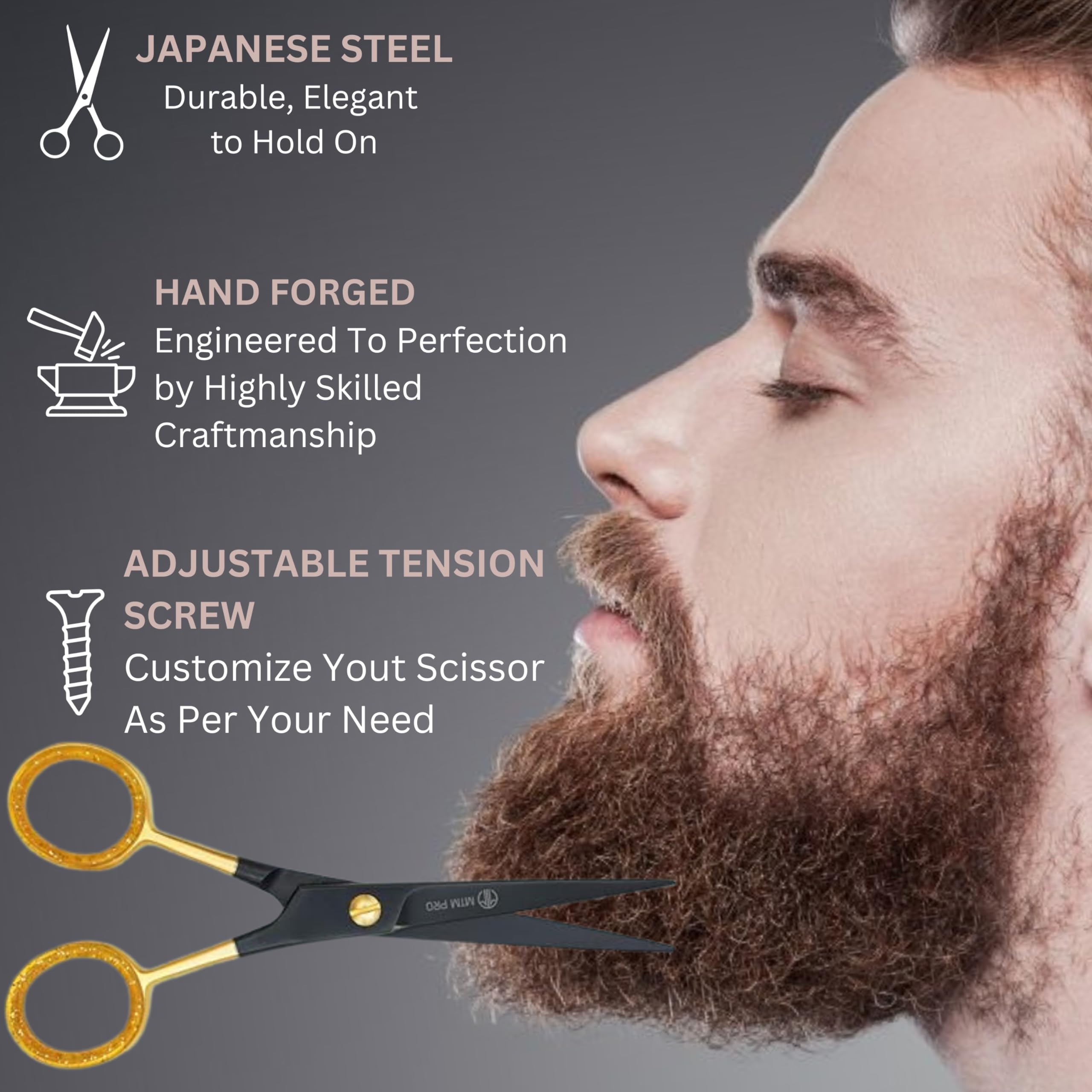 Premium Stainless Steel Beard & Mustache Scissors Set with Comb - 5 Inch Professional Grooming Kit for Men - Black & Gold Trim Scissors for Precise Facial Hair Styling at Home or Salon Use