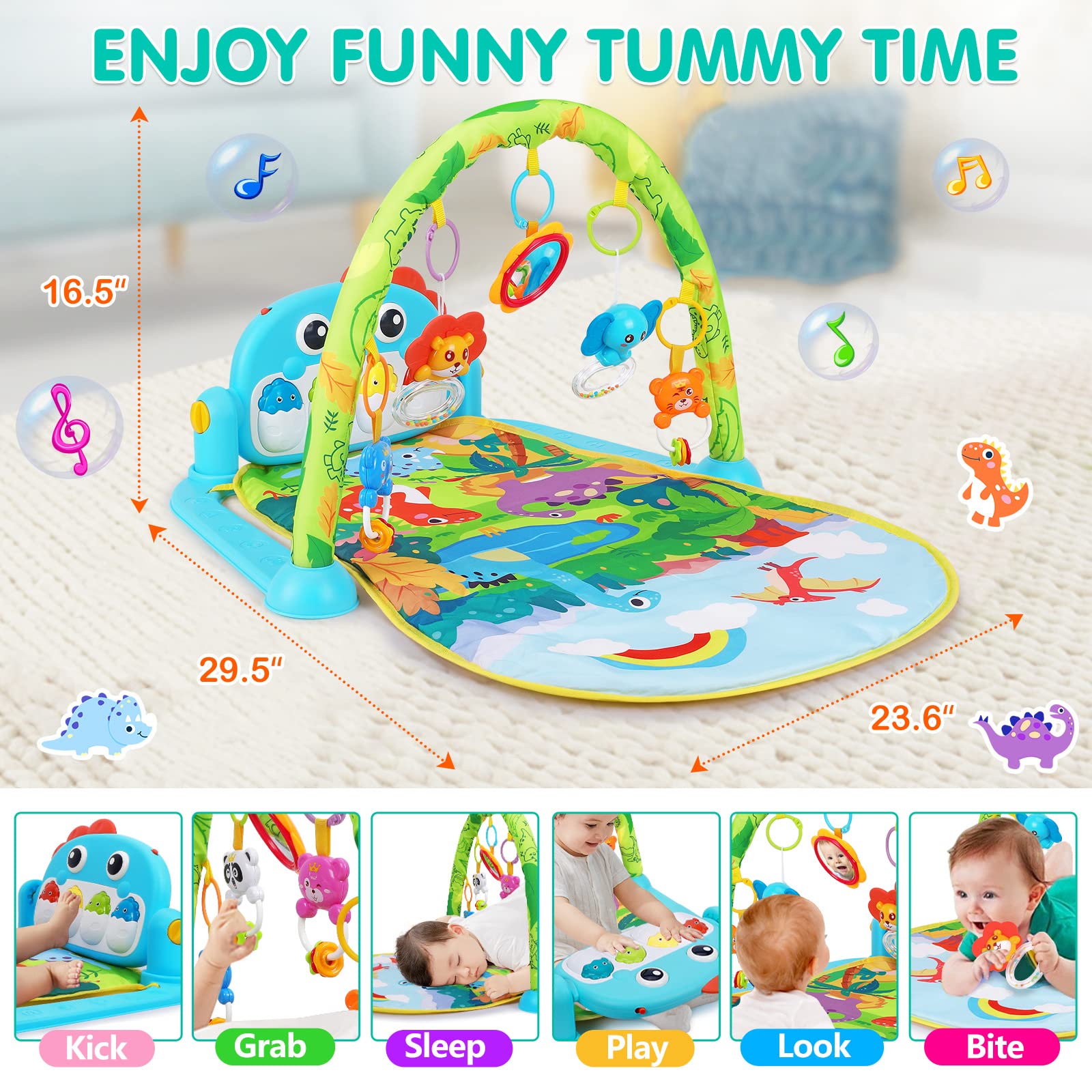 **Baby Gym Play Mat with Music & Lights - Dinosaur Style Activity Center for Newborns & Infants (0-12 Months) | Tummy Time Toy, Sensory Development & Early Learning Gift**    *(Perfect for Playtime, Crawling Practice & Interactive Fun at Home or Daycare!)*