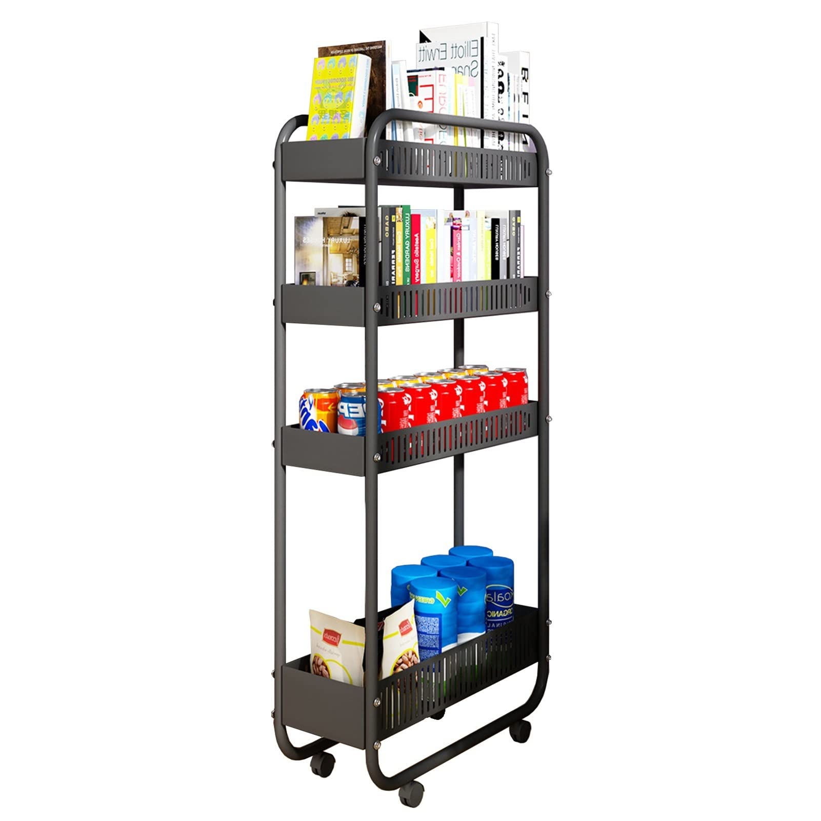 Heavy Duty Kitchen Utility Cart with Wheels, Narrow Black Standing Shelf Unit for Home Pantry & Small Spaces, Slim Rolling Storage Rack - Perfect for Compact Kitchens, Dorm Rooms & Apartment Living