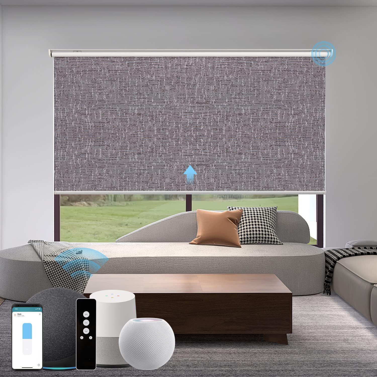 WEFFORT Motorized Smart Blackout Roller Shade - Apple HomeKit/Zigbee/Alexa/Google Home Compatible - Rechargeable Window Blinds for Living Room, Bedroom & Sliding Door - Midnight Texture - Perfect for Home Automation & Light Control