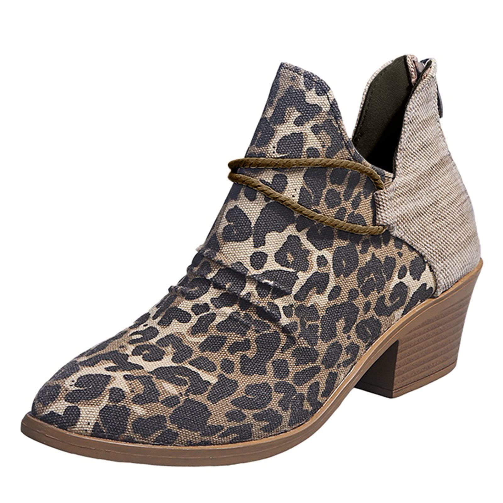 Retro Leopard Print Canvas Booties for Women - Square Toe, Zipper Closure, Straps & Chunky Heel | Casual & Party Shoes for Everyday Wear, Date Night & Office Outfits