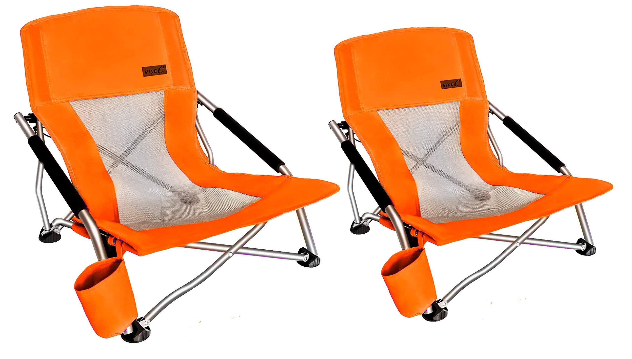 2 Pack Low Beach Chairs for Adults - Portable Folding Sling Sand Chairs with Cup Holder & Carry Bag - Perfect for Beach, Boat, Concert, Camping & Outdoor Activities (Orange)