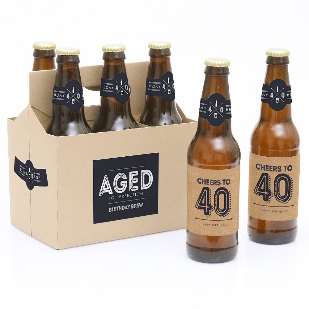 40th Birthday Party Decorations for Men - 6 Vintage Beer Bottle Label Stickers & 1 Bottle Carrier - Perfect for Milestone Celebrations, Gag Gifts & Man Cave Decor