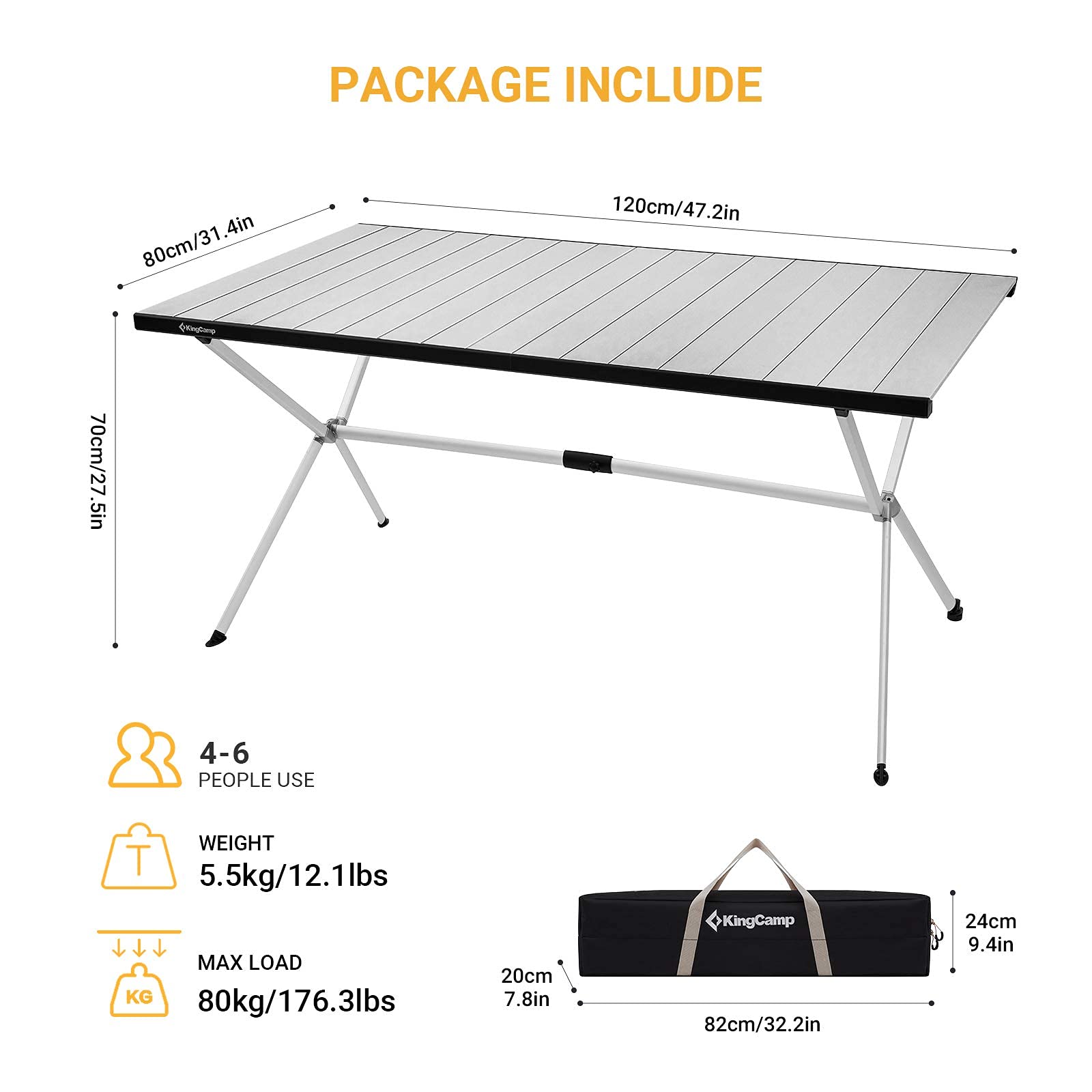 KingCamp Folding Camping Table - Aluminum Roll-Up Picnic Table for 6-8 People, Portable Outdoor Dining Table with Carry Bag (180 LBS Capacity) - Perfect for Camping, Backyard BBQs, Beach Parties & Tailgating