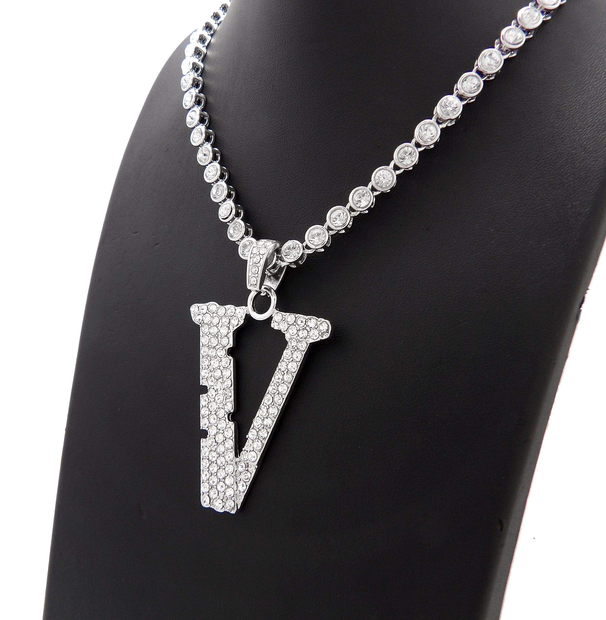 NYFASHION101 5mm Iced Out Tennis Chain Necklace with Stone Stud Capital V Initial Pendant - Elegant Layering Jewelry for Women, Perfect for Parties, Date Nights & Everyday Wear