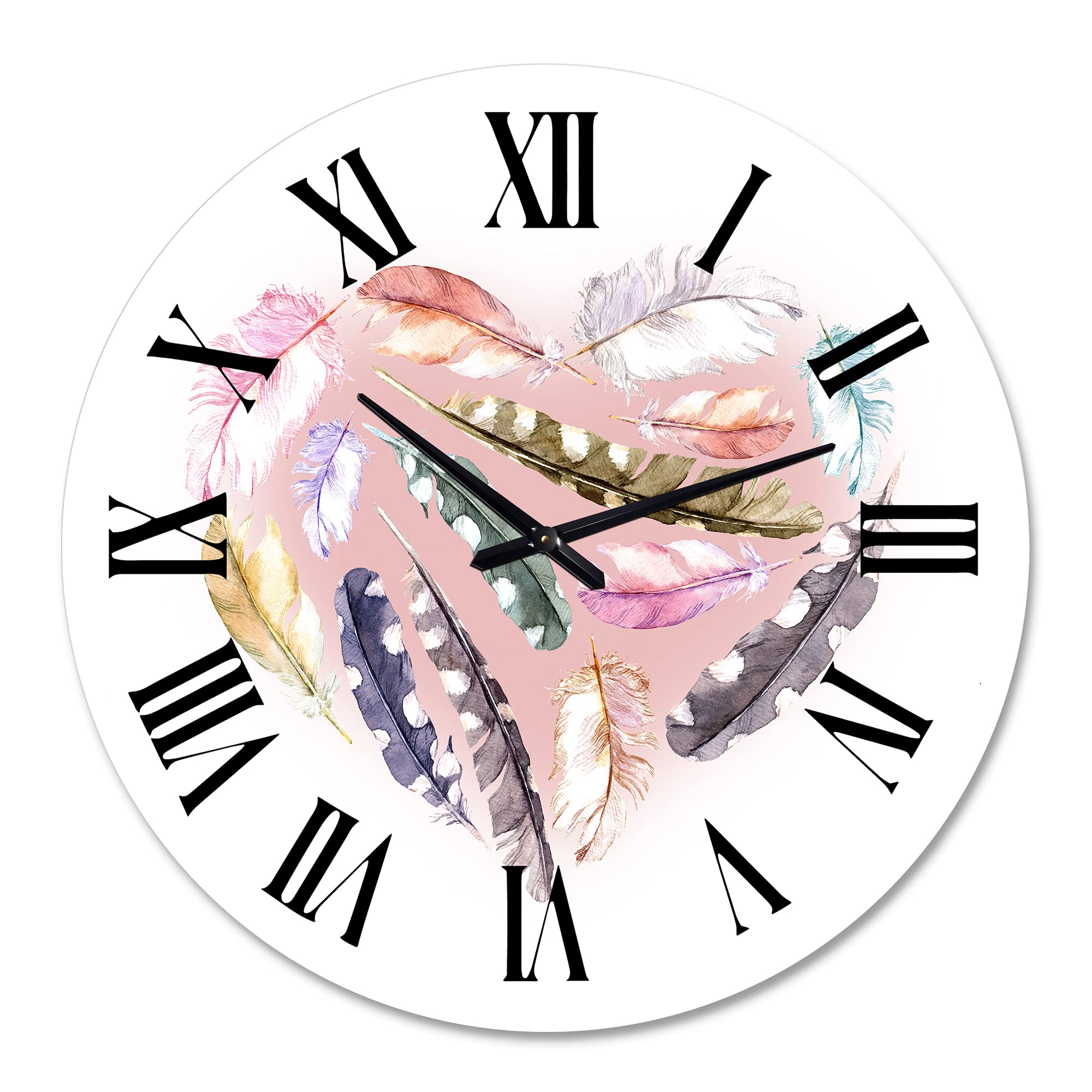 Bohemian Ethnic Feather Heart Wall Clock - Large Eclectic Home Decor for Living Room, Bedroom & Office - Unique Animal-Themed Wall Art