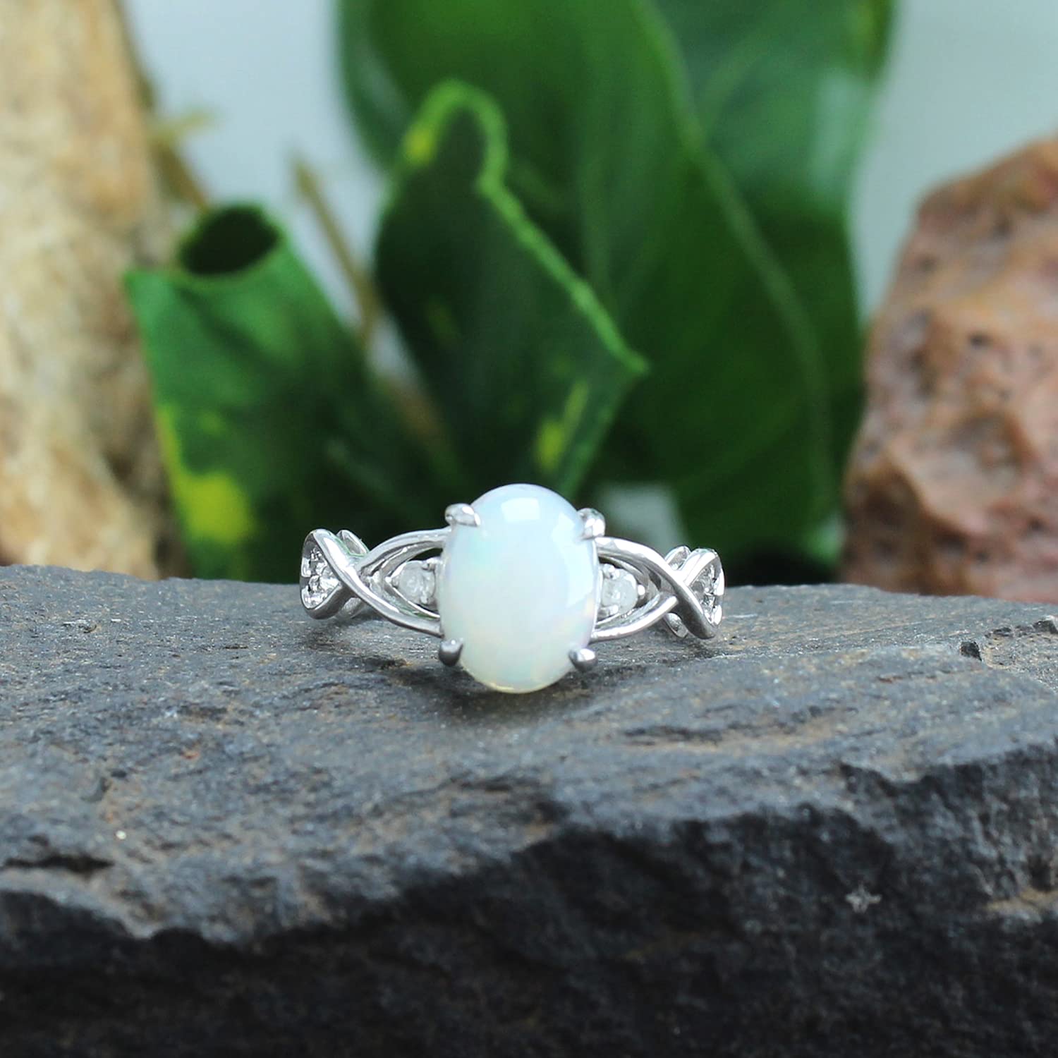 7X9MM Oval Cut Natural White Opal & Diamond Accent 14K Gold Over Sterling Silver Infinity Heart Ring - Women's Engagement Wedding Band (1.25Cttw) | Valentine's Gift, Anniversary Present, Bridal Jewelry, Romantic Proposal Ring for Her