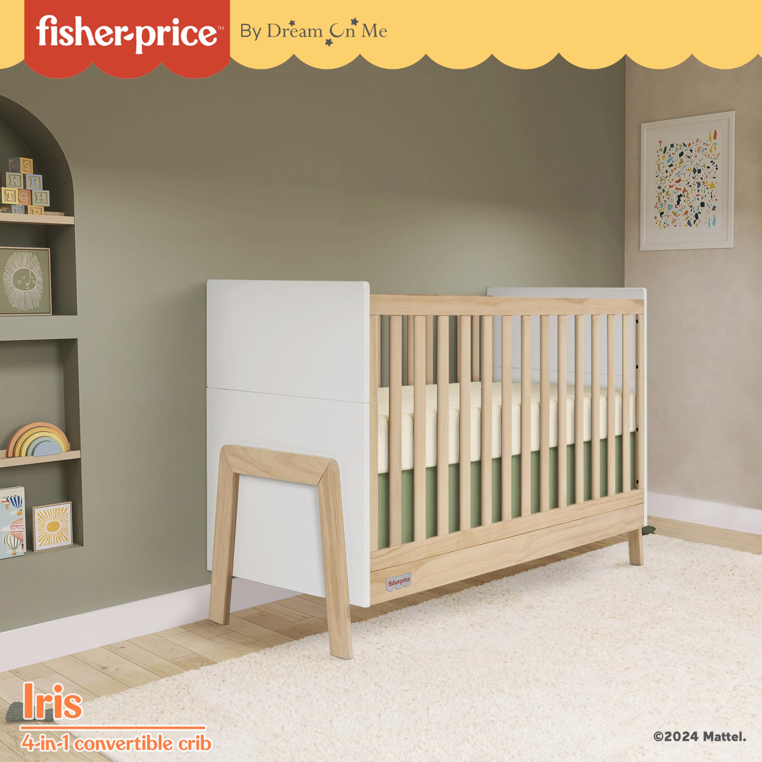 Dream On Me Fisher-Price Iris 4-in-1 Convertible Crib - Greenguard Gold & JPMA Certified Baby Crib | Converts to Day Bed, Toddler Bed & Full Size Bed | Safe Nursery Furniture for Newborns & Growing Kids | Perfect for Baby Rooms, Daycares & Family Homes
