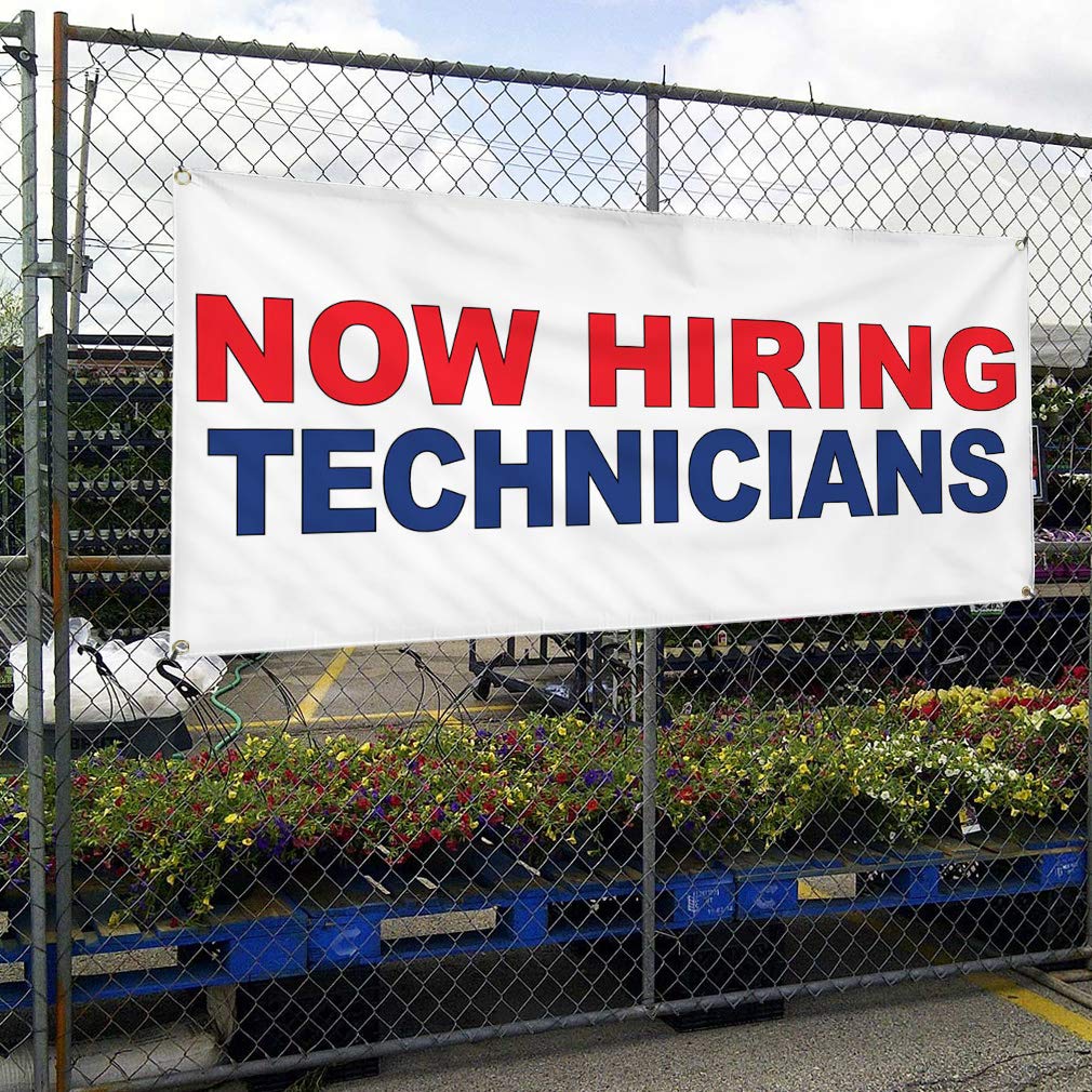 Now Hiring Technicians Vinyl Banner - 48x96 Inches Weatherproof Outdoor Business Sign with 8 Grommets (Red/Blue) - Perfect for Job Fairs, Construction Sites & Industrial Yard Advertising