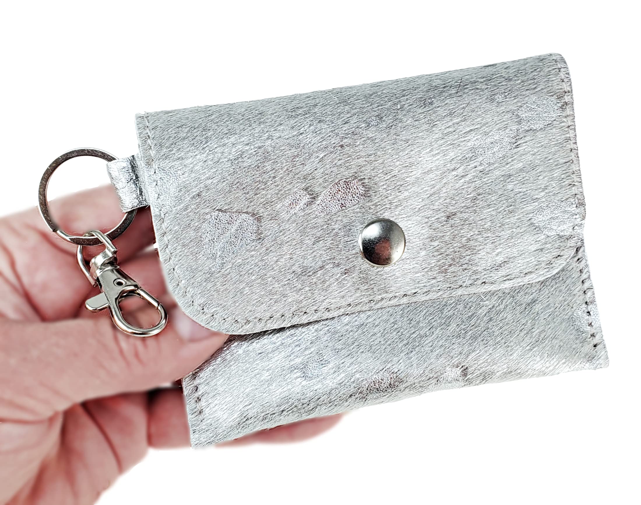 Premium Acid Wash Cowhide Keychain ID Card Wallet - Secure Business Card Holder with Hair-On Leather, Clip for Large Purses & Easy Grab & Go (Silver Acid Wash) | Perfect for Office, Travel & Everyday Use