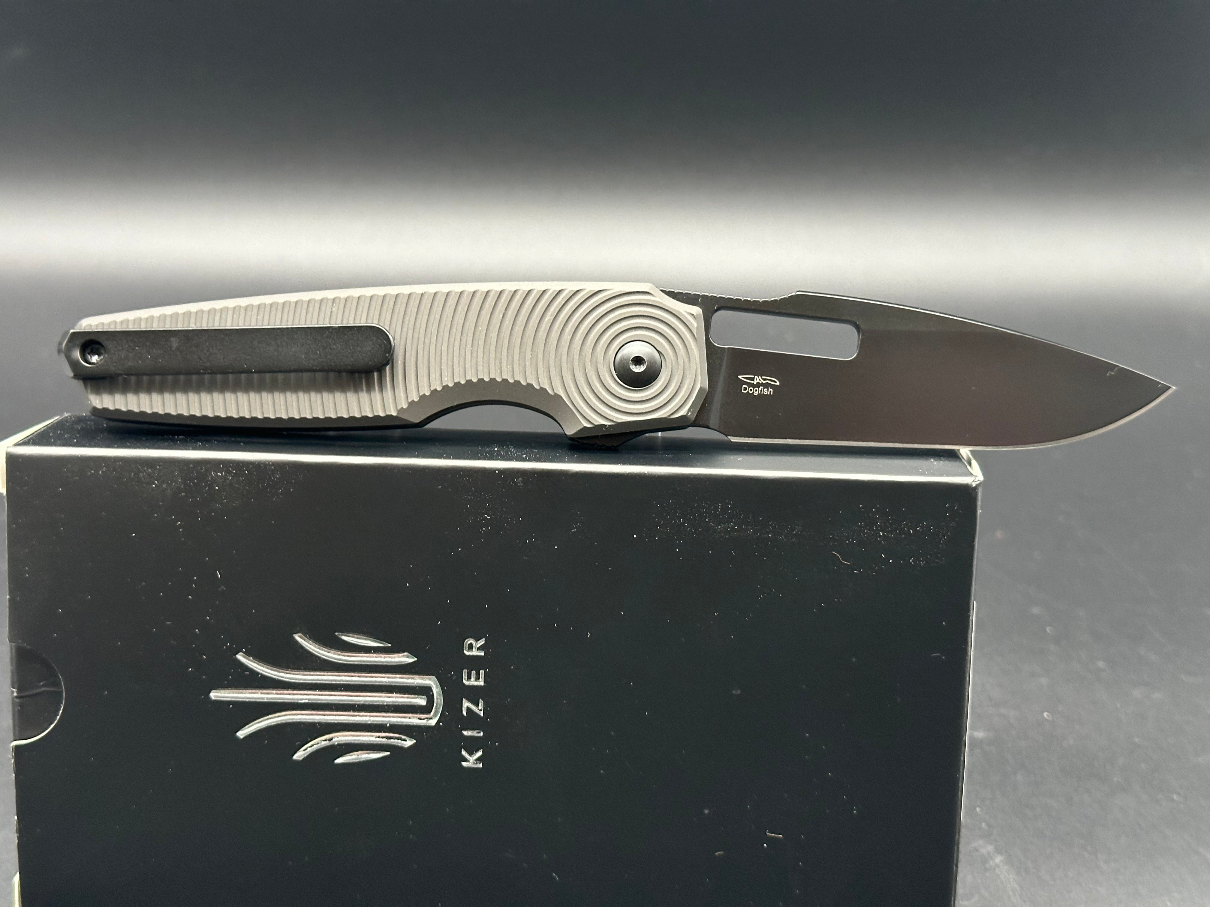 KIZER DOGFISH Button Lock Folding Knife - Black Aluminum Handle, 154CM Drop Point Plain Black Blade (V3640C1) - EDC, Outdoor Camping, Hiking & Survival Tool