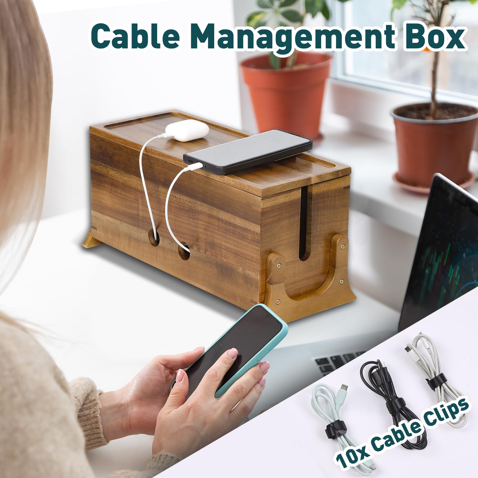 Acacia Wood Extra Large Cable Management Box - Cord Organizer & Hider for Power Strips, TV Wires, Desk Cables - Perfect for Office, Home Theater & Workspace Organization
