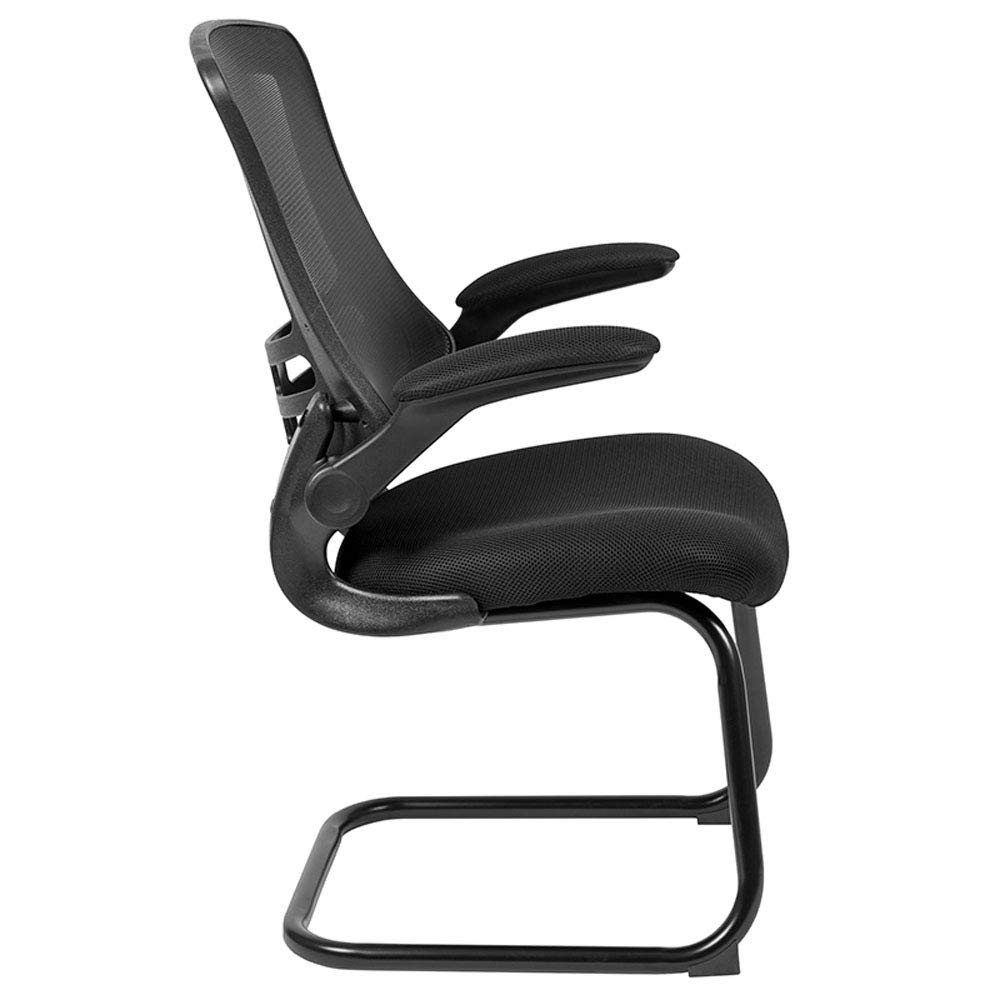 Flash Furniture Kelista Black Mesh Sled Base Side Reception Chair with Flip-Up Arms - Ergonomic Office Guest Seating for Lobby, Waiting Room & Conference Areas
