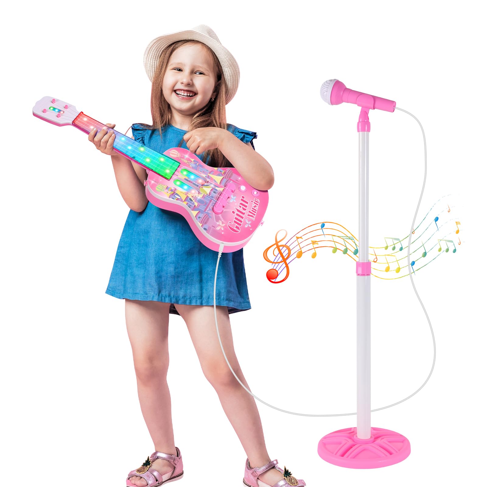 Kids Electric Guitar and Microphone Playset - 4-String Musical Toy Guitar with Adjustable Stand, LED Music Lights & Karaoke Function - Perfect Birthday Gift for Boys & Girls | Home Music Party, Stage Performance & Early Childhood Education