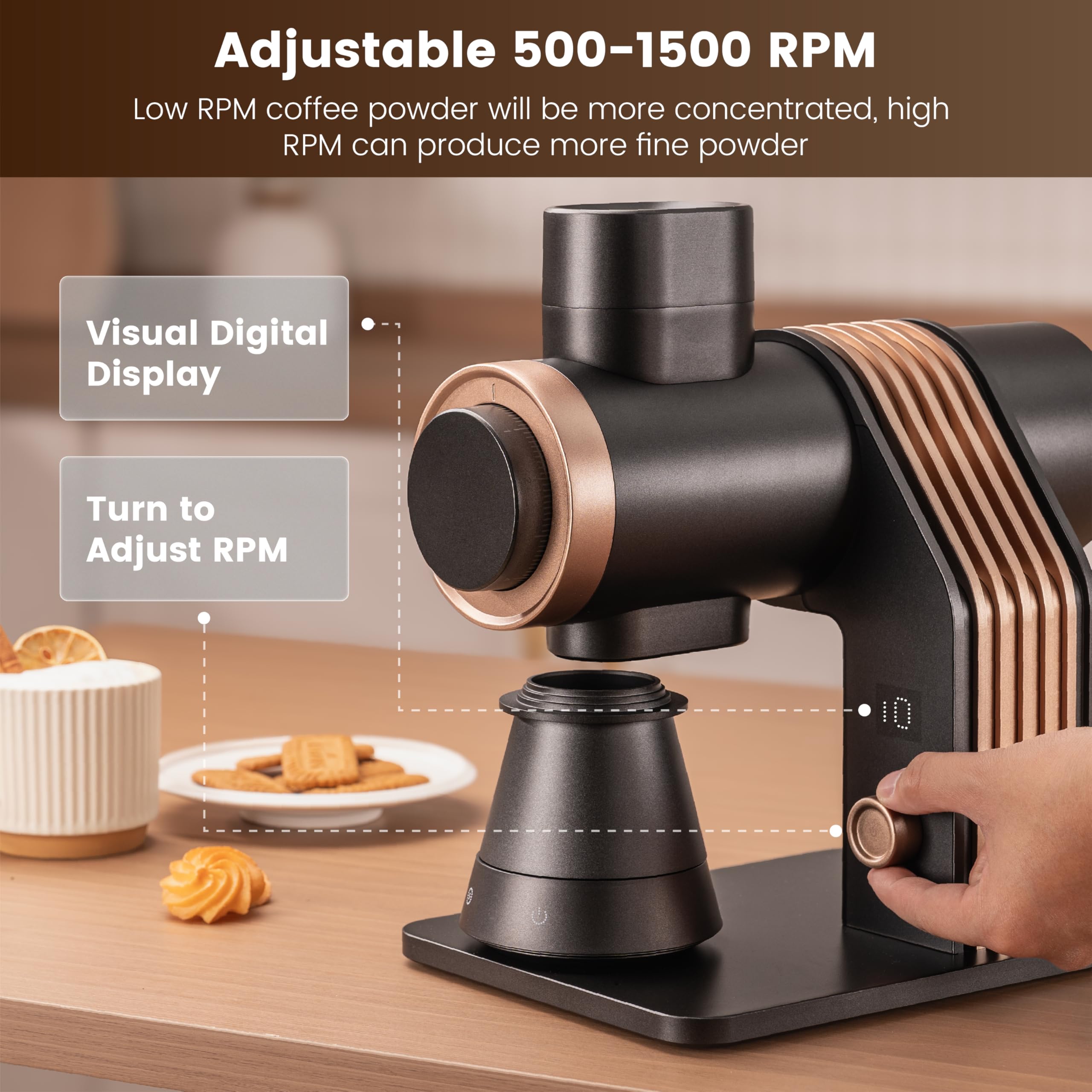 Gevi VelPro 400 Single Dose Coffee Grinder - 64mm Titanium Flat Burr, Variable Speed & Stepless Adjustment for Espresso, Drip, French Press & Cold Brew - Black Gold - Perfect for Home Baristas & Coffee Enthusiasts