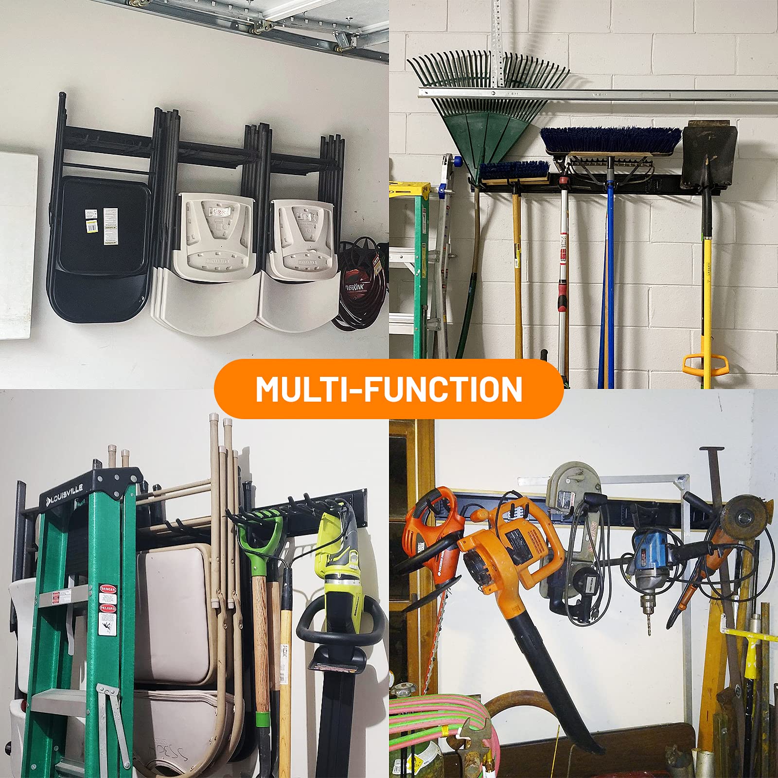 Wallmaster Heavy Duty Garage Storage Wall Mount - 48inch Adjustable Tool Rack Organizer with 6 Hooks for Garden Tools, Folding Chairs (Max Load 450lb) - Perfect for Garage Organization, Workshop Storage & Outdoor Equipment Hanging