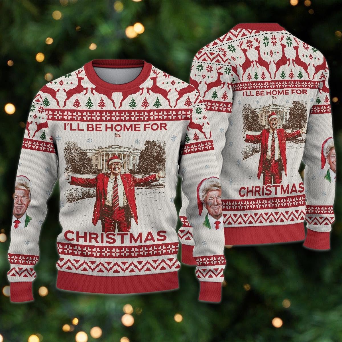 Funny Trump Ugly Christmas Sweater - 'I'll Be Home for Christmas' MAGA Gift for Trump Supporters, Women & Men | Team Trump JD Vance 2024 | Perfect for Holiday Parties, Festive Gatherings & Political Humor