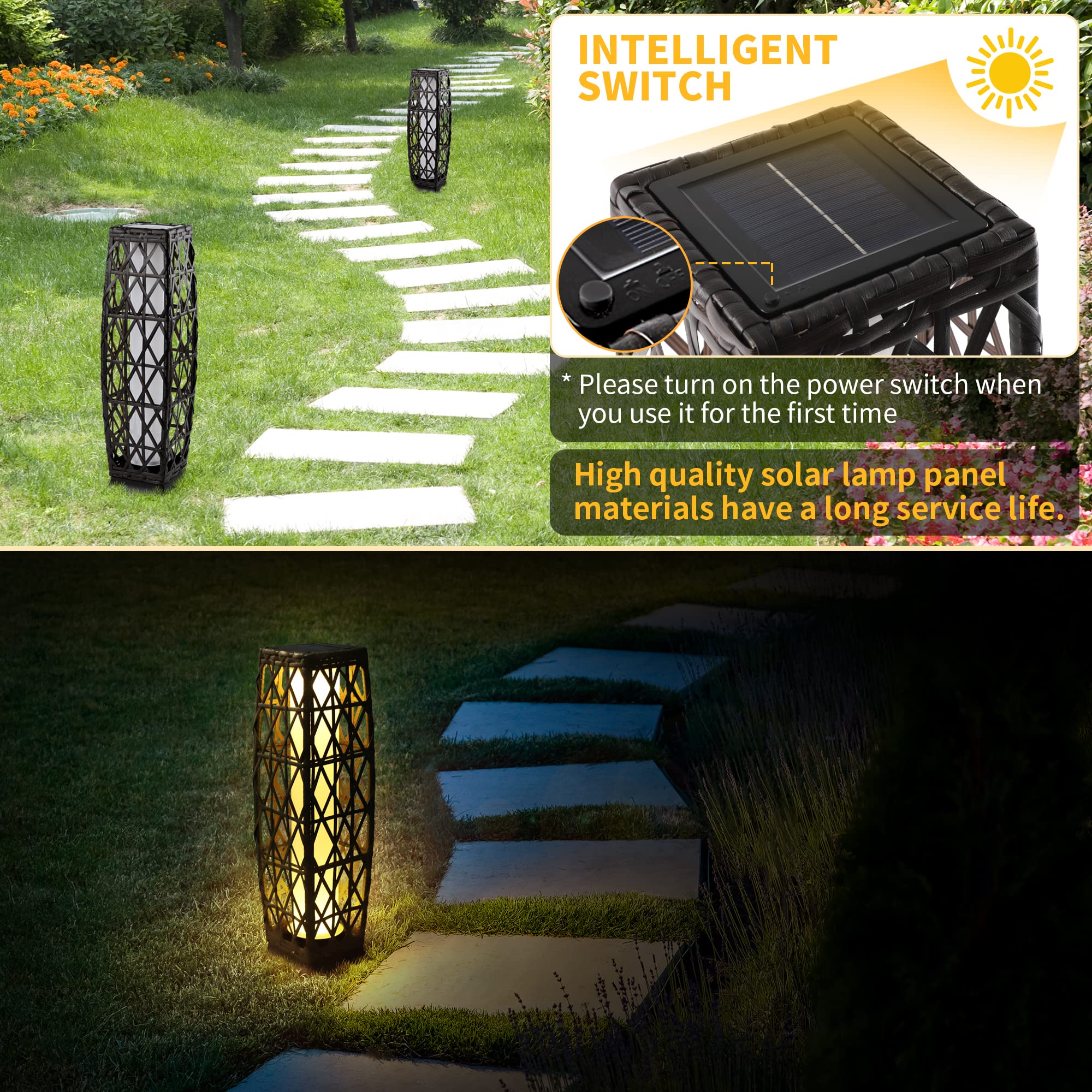 Solar Powered Outdoor Floor Lamp - Waterproof Weather-Resistant Rattan Deck Light for Porch, Garden, Patio & Yard | Solar Lantern with Resin Wicker Design | Perfect for Evening Gatherings, Pathway Lighting & Landscape Decoration