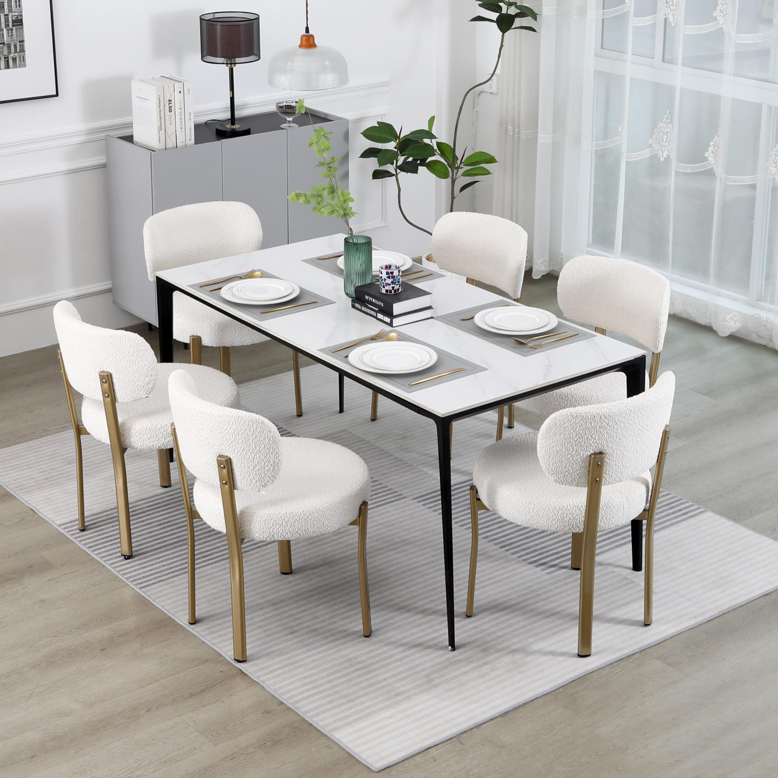 DYHOME Set of 2 White Upholstered Boucle Sherpa Dining Chairs - Mid Century Modern Kitchen Chairs with Gold Metal Legs for Dining Room, Breakfast Nook & Small Space Decor