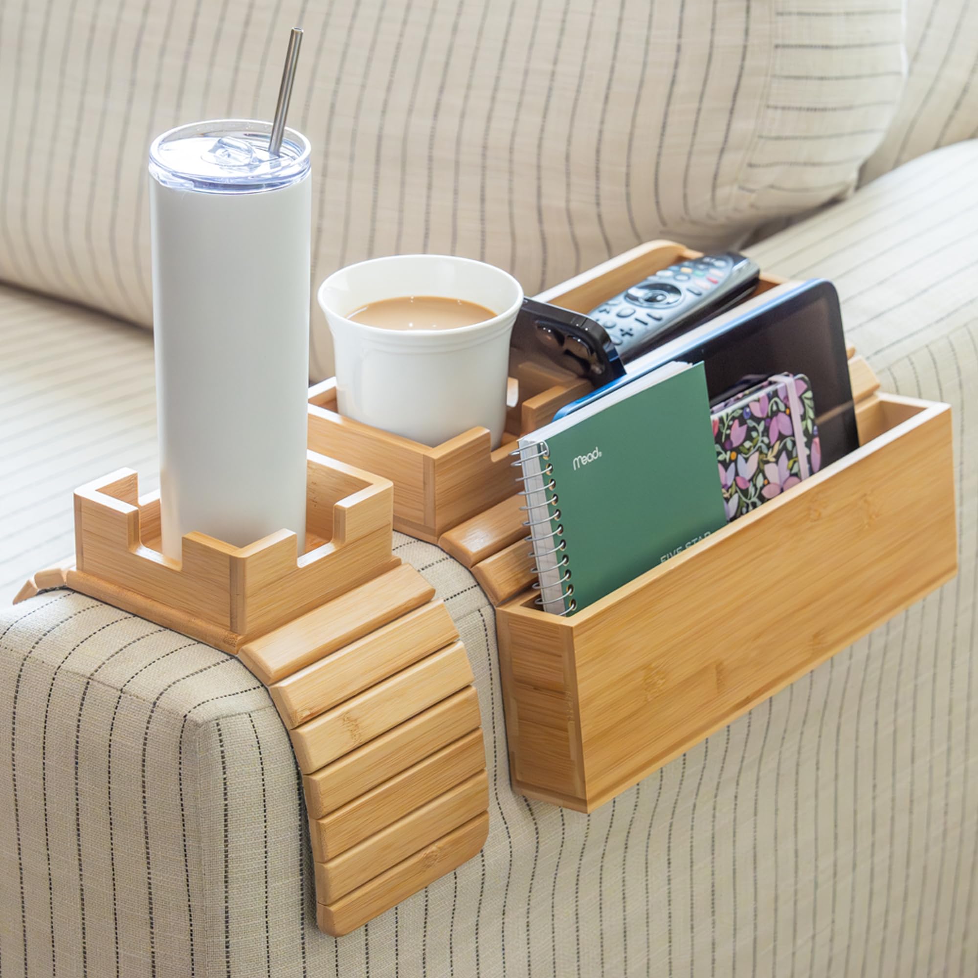 Premium Bamboo Couch Cup Holder Tray Set - Large & Small Non-Slip Drink Holder Caddy with Side Pocket Storage - Universal Sofa Arm Tray for Couches, Recliners & Loveseats - Perfect for Movie Nights, Gaming Sessions & Relaxing with Drinks & Snacks