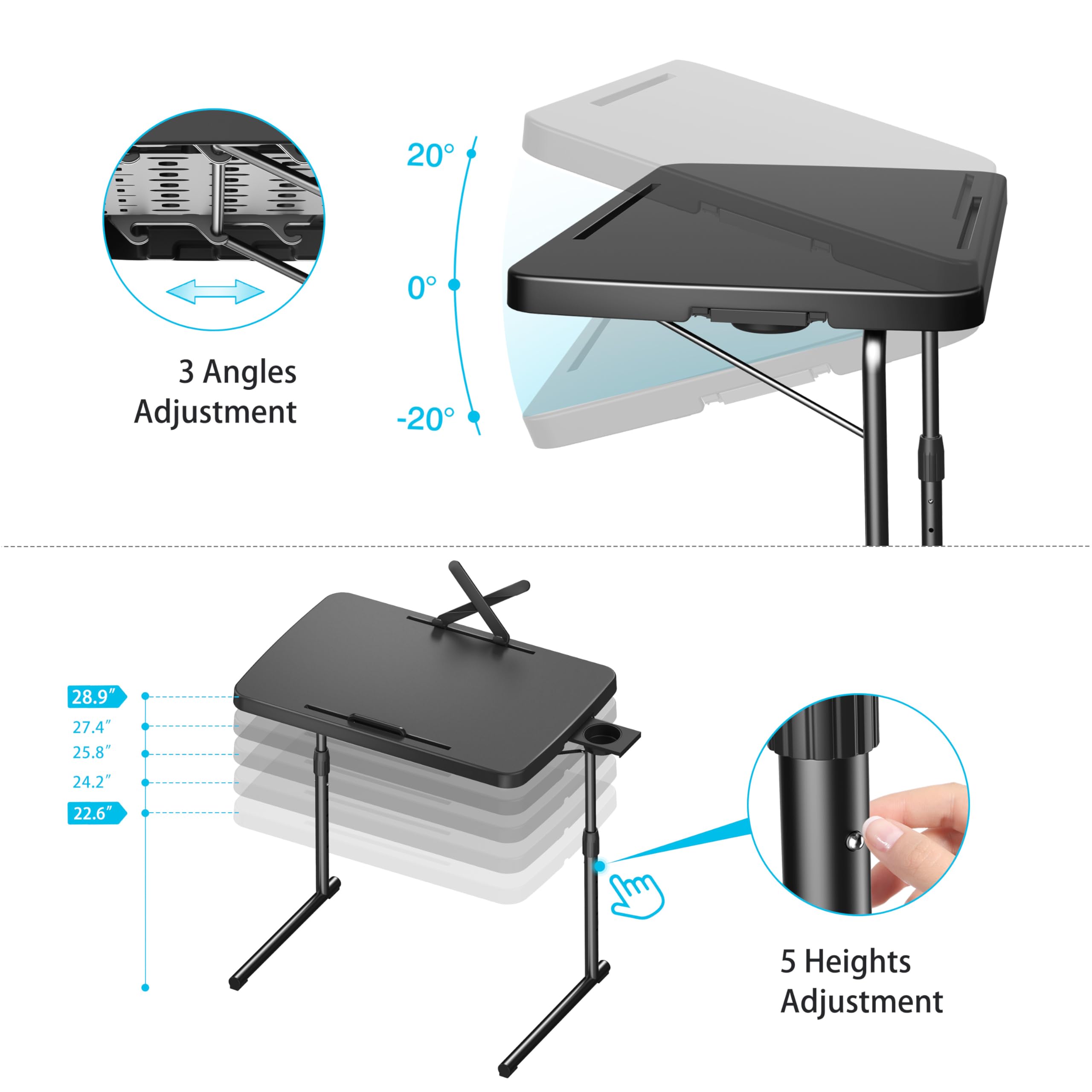 Adjustable Folding TV Tray Table with Book Stand, Cup Holder & Tablet Slot - Portable Laptop Desk for Eating, Working & Reading in Bed or on Couch - Allpop Black TV Dinner Tray for Home, Office & Dorm Use