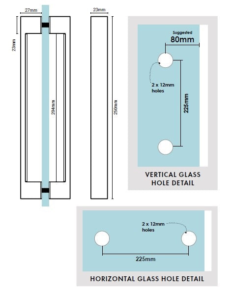 Zurich Square D Handle 250mm Long - Satin Chrome Shower Screen Door Handle for Bathroom & Glass Door Installation - Perfect for Modern Home & Commercial Use
