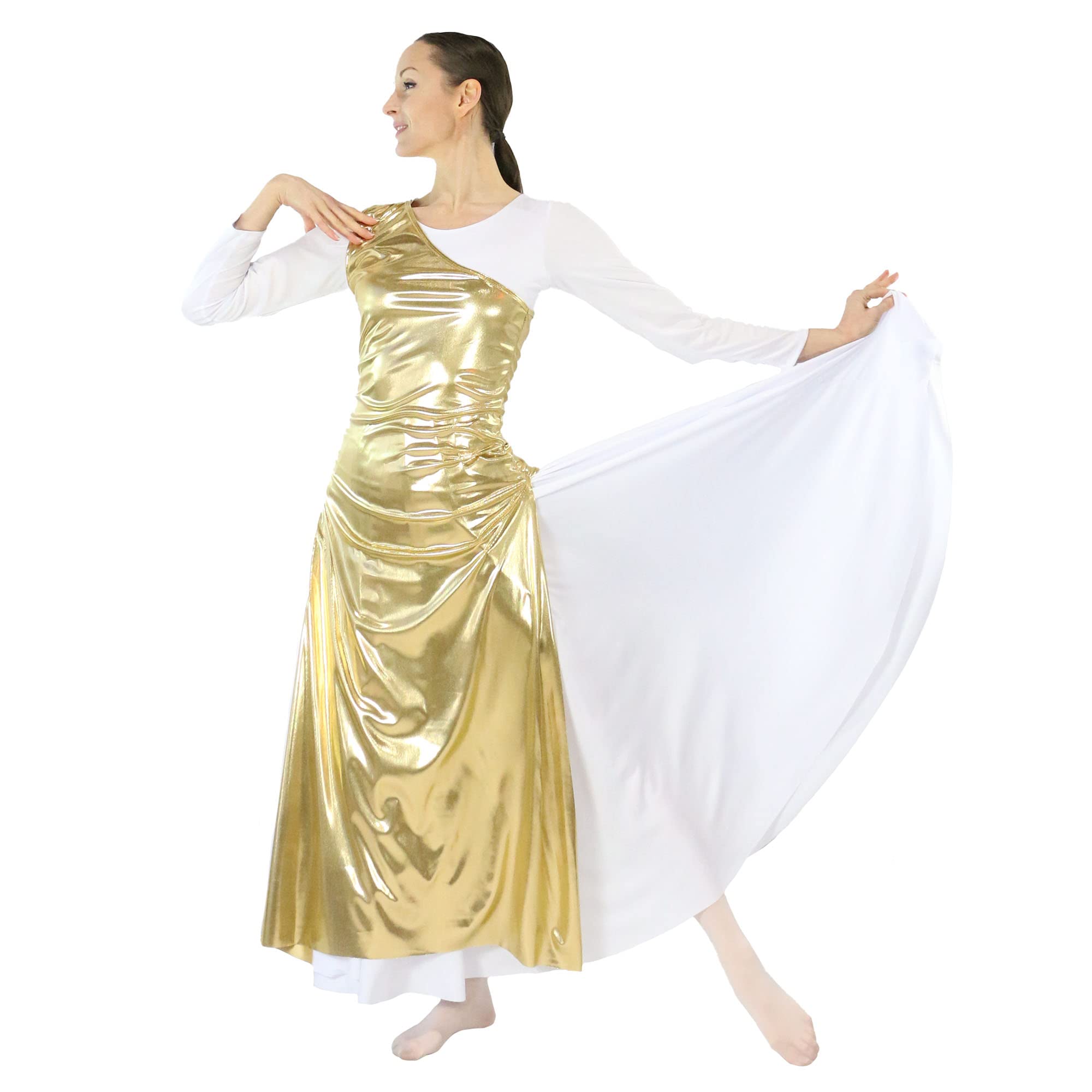 Danzcue Women's Metallic Worship Dance Tunic with Side Slits - Flowy Church Dance Top for Contemporary Worship & Ballet Performance (White Dress Not Included)