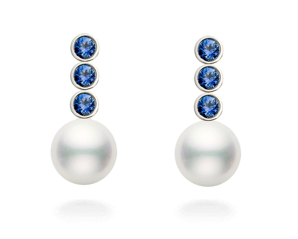 14K White Gold AAAA Quality Japanese Akoya Cultured Pearl & Blue Sapphire Dangle Earrings for Women | Luxury Pearl Jewelry | Perfect for Weddings, Parties & Special Occasions