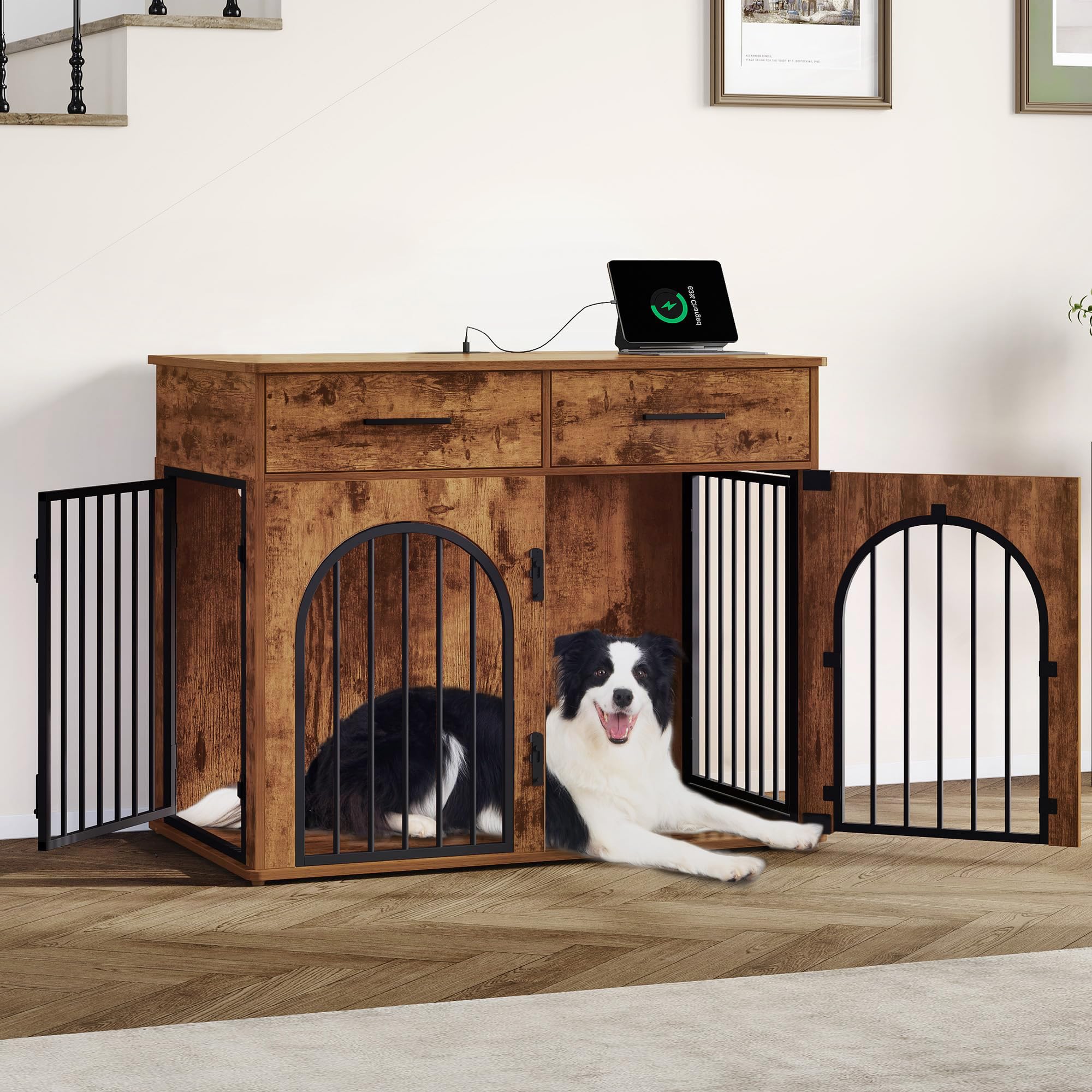 39.4'' Rustic Brown Wooden Dog Crate Furniture with 2 Drawers & Charging Station - Indoor Kennel for Medium/Large Dogs, Multi-Functional Side End Table - Perfect for Living Room, Bedroom or Office Pet Space