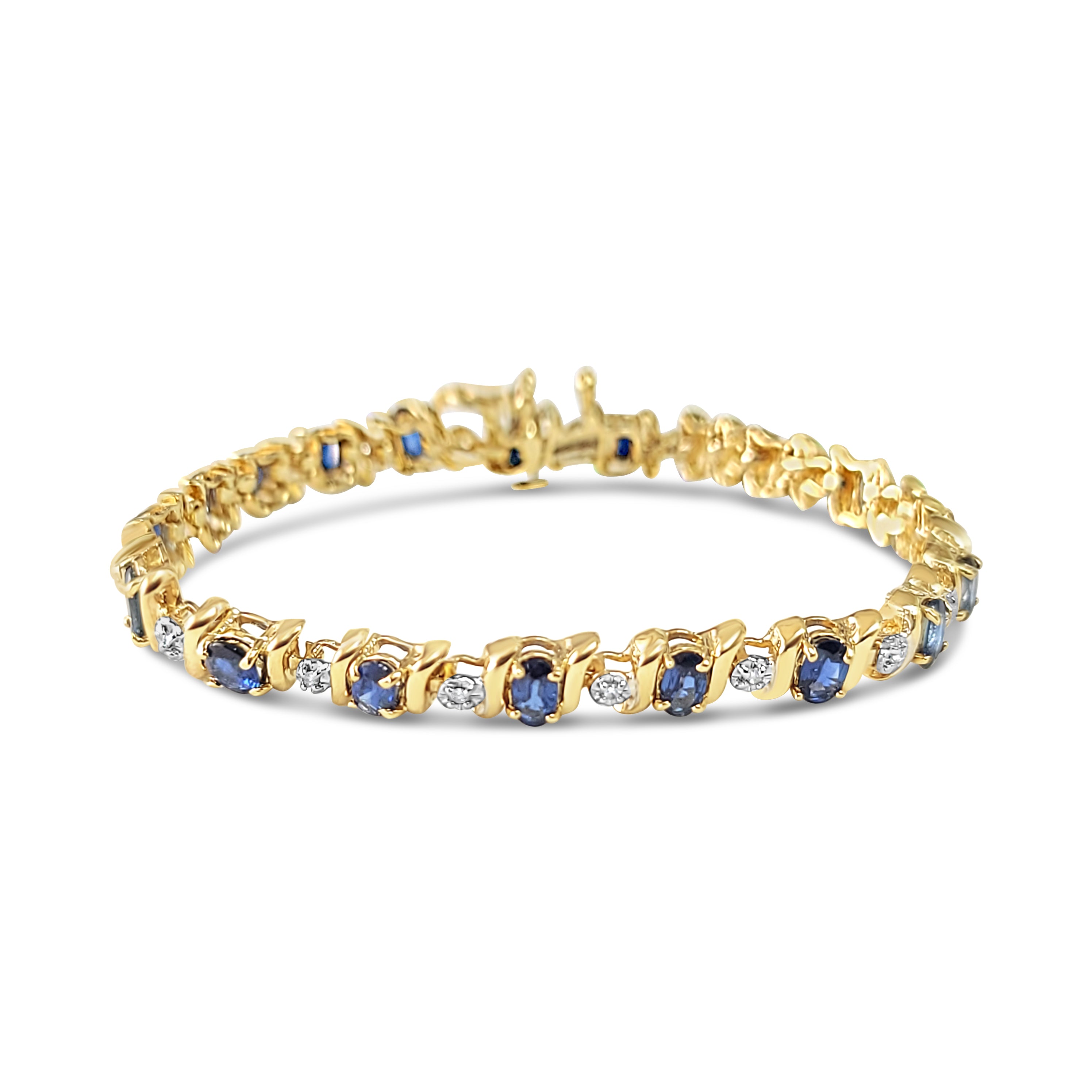 14K Yellow Gold Oval Sapphire & Diamond Tennis Bracelet for Women - Elegant Jewelry Gift for Anniversary, Wedding & Special Occasions