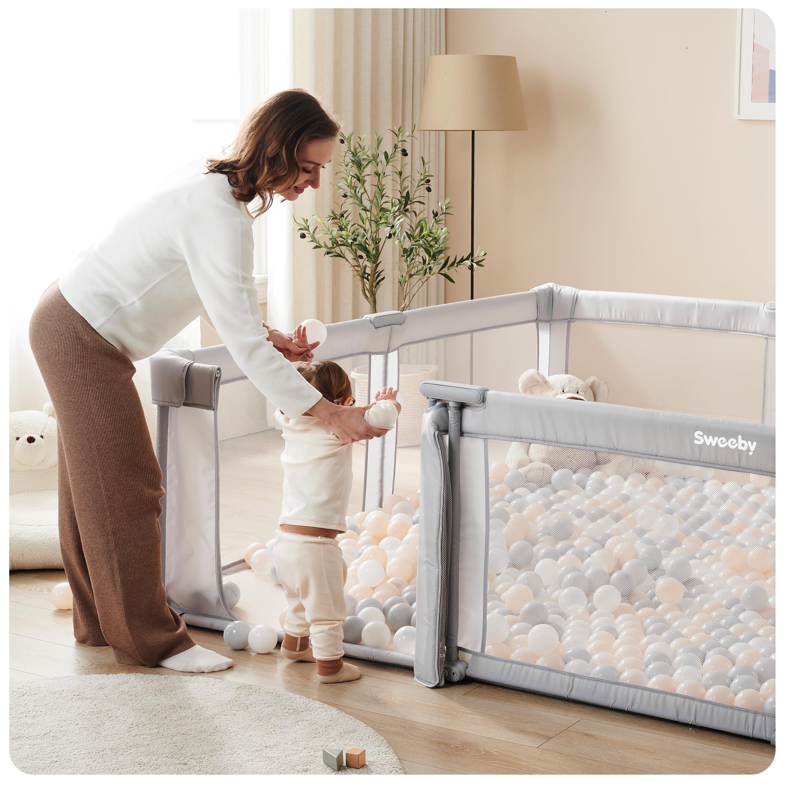 Sweeby Baby Playpen - 59x59 Inch Extra Large Foldable Play Yard with Door for Babies & Toddlers | Indoor & Outdoor Safety Fence | Perfect for Home, Park, and Travel | Gray