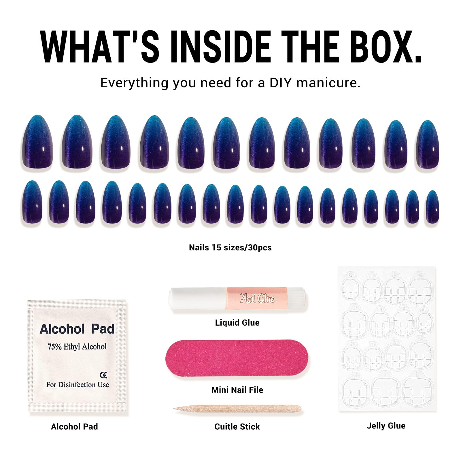 Melodysusie Press On Nails Almond Shape - Blue Purple Cat Eye Design, Medium Length Fake Nails with Salon-Quality Finish | Reusable Stick On Nails Kit Includes 15 Sizes & 30PCS with Nail Glue | Perfect for Parties, Weddings, Date Nights & Everyday Wear