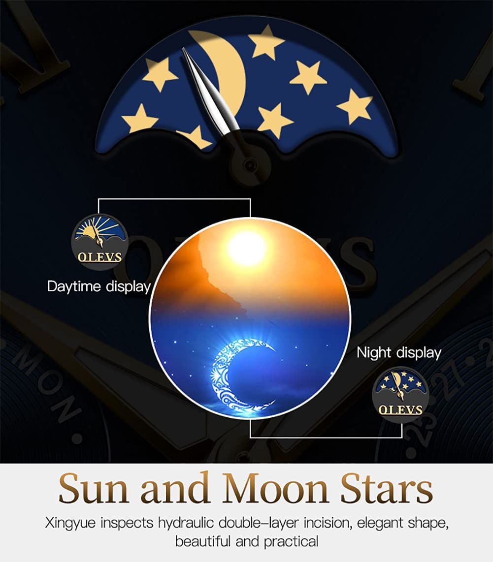 OLEVS Luxury Men's Automatic Mechanical Watch - Self-Winding Moon Phase Chronograph, Stainless Steel Waterproof Dress Watch with Luminous Hands & Date Display, Perfect for Business, Formal Events & Daily Wear