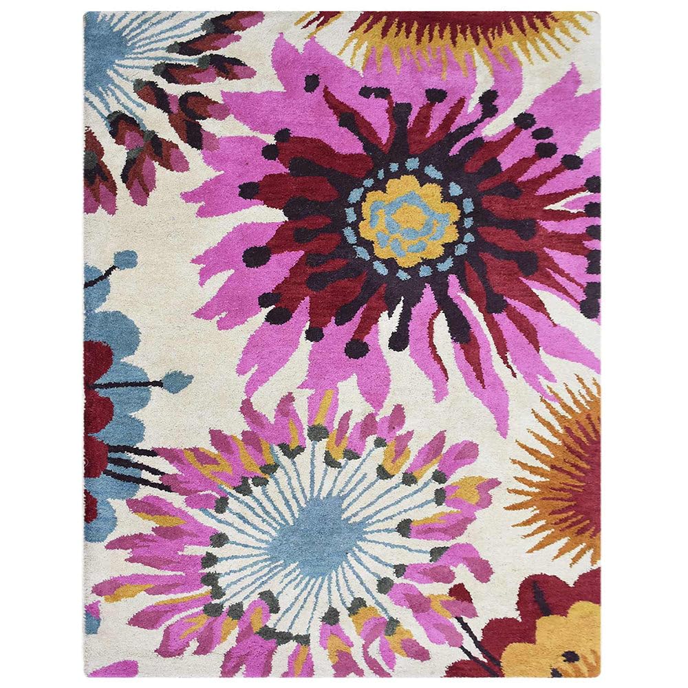 Hand Tufted Wool Eco-Friendly Area Rugs - 8'x10' Rectangle Cream Floral Modern Design, High Pile Thick Handmade Non-Slip Rug for Living Room, Bedroom, Nursery & Office - Soft & Durable Home Decor (K00504)