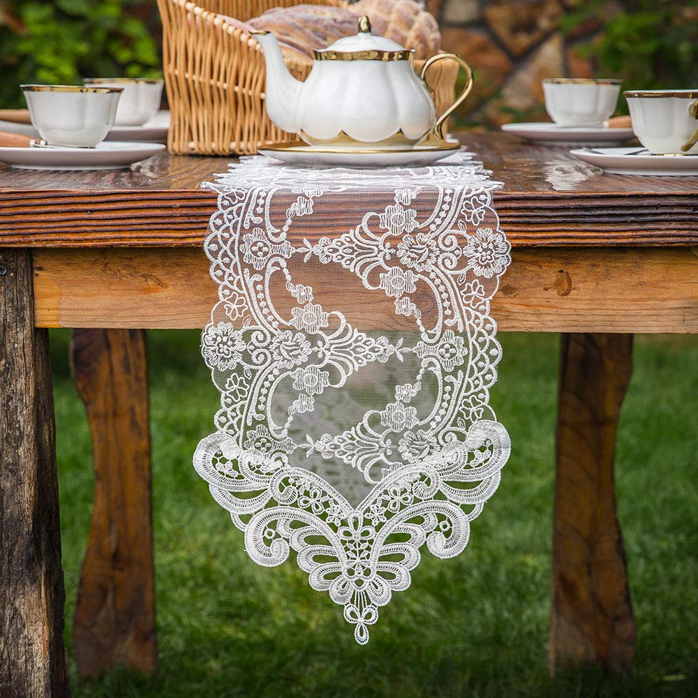 ARTABLE White Lace Table Runner - 10 x 70 Inch Macrame Embroidered Dresser Scarf with Exquisite Flower Design, Vintage Shabby Chic Decor for Wedding, Holiday, Dining Room & Home Decor